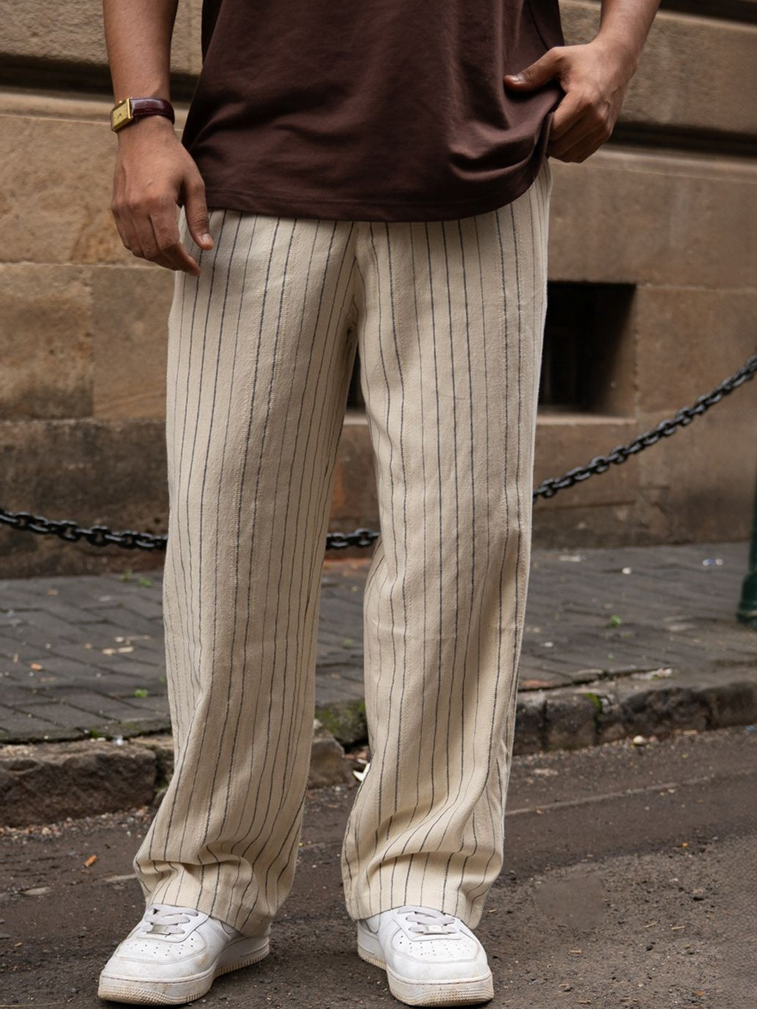 Powerlook Cream Striped Linen Trouser