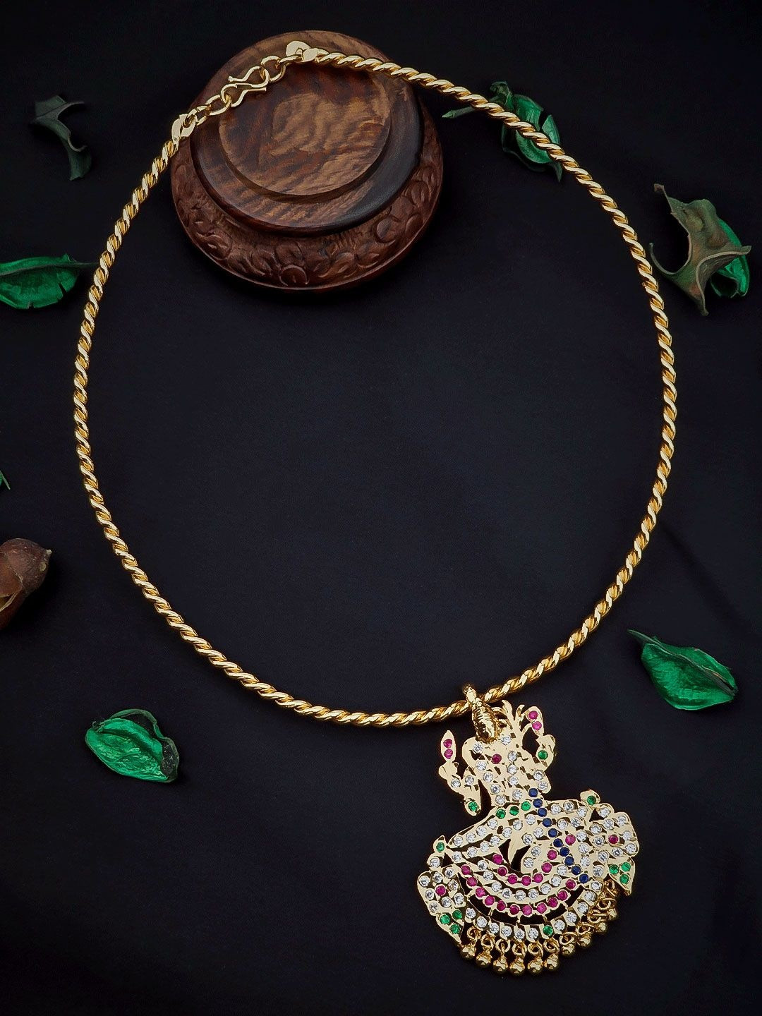 Talish Gold-Plated American Diamond Stone-Studded Ganesha Pendant With Chain