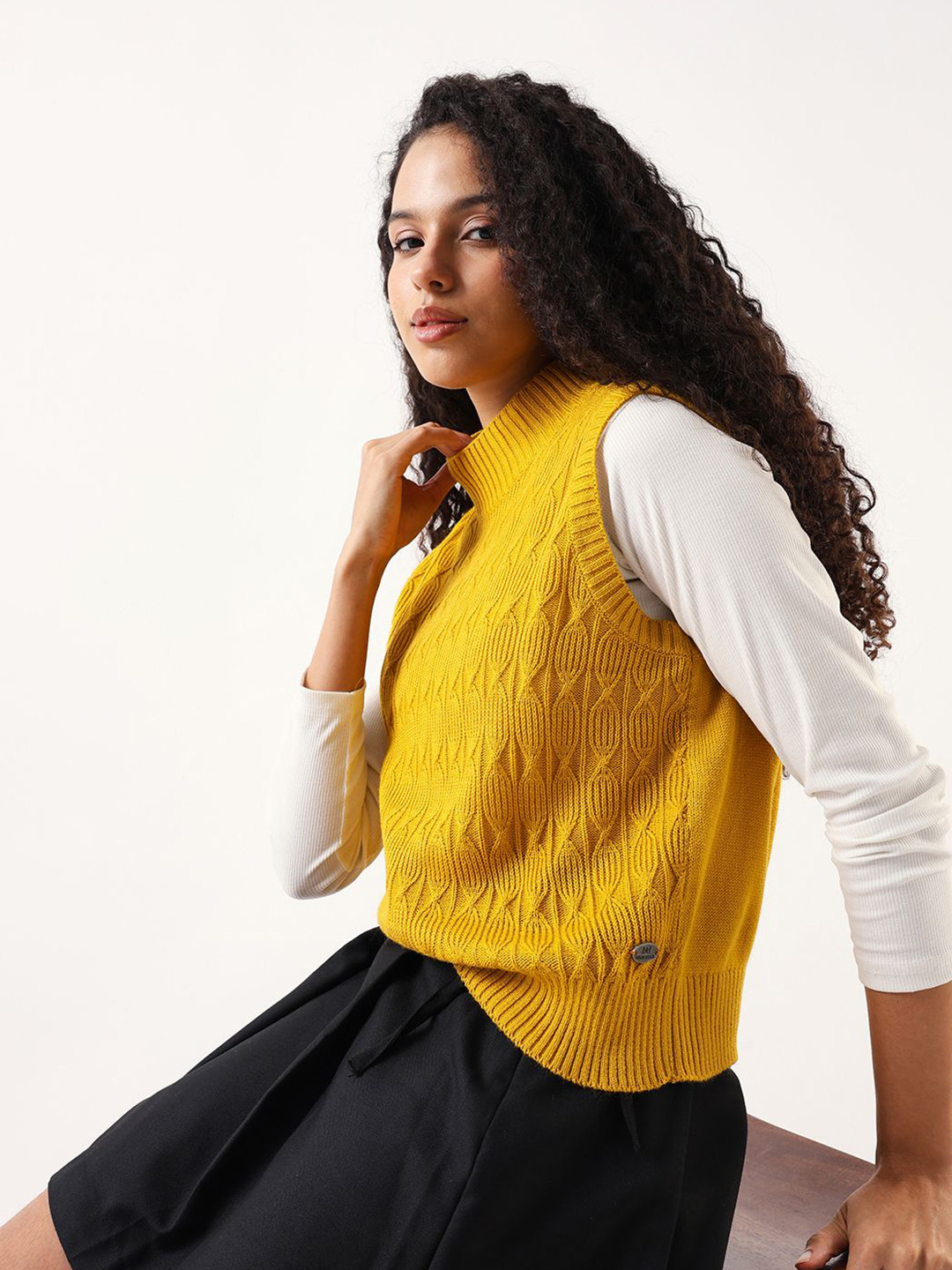 High Star Women Self Design Mock Neck Sleeveless Sweater Vest