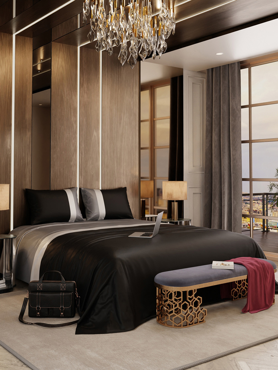 Stoa Paris Urbain Black Striped Polyester 300 TC King Fine Bedsheet with 2 Pillow Covers-108 x 90 inches