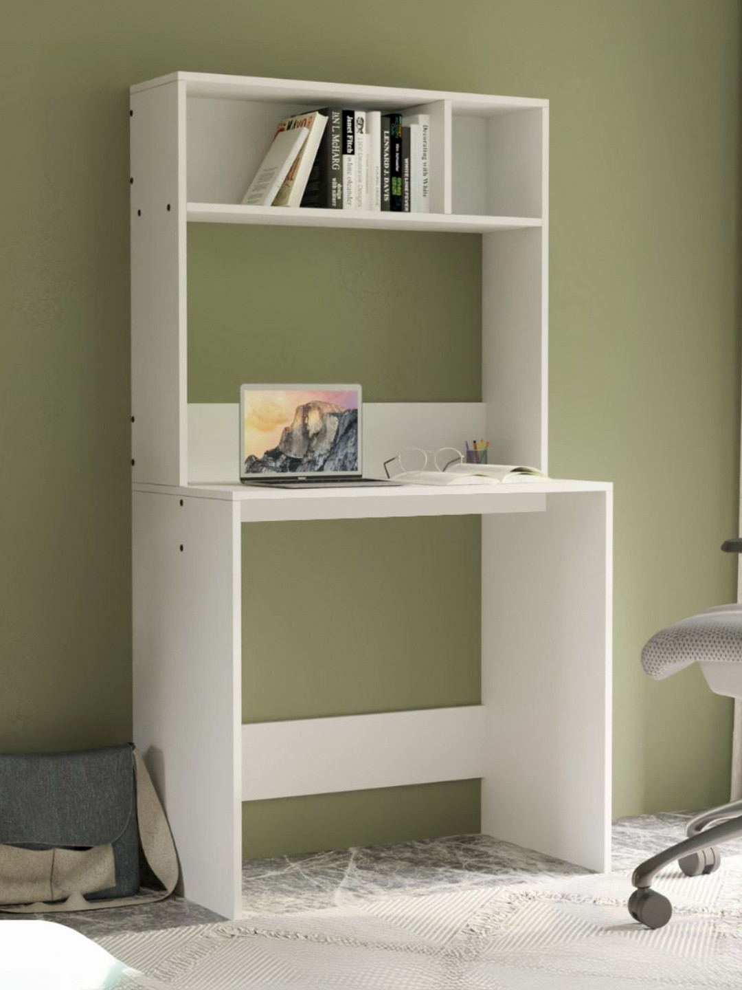 neuspace White Engineered Wood Study Table with Book Storage