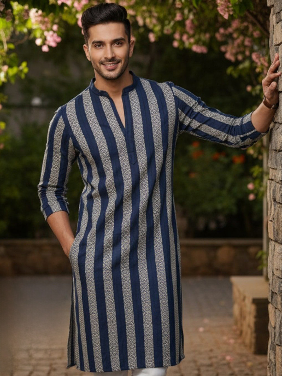 Rigo Men Ethnic Motifs Thread Work Indigo Kurta
