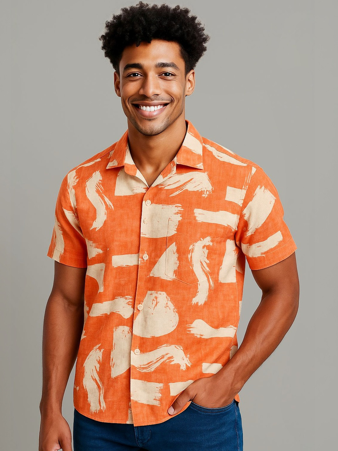 DYMORA Men Orange & Beige Brushstroke Printed Linen Blend Cuban Collar Shirt