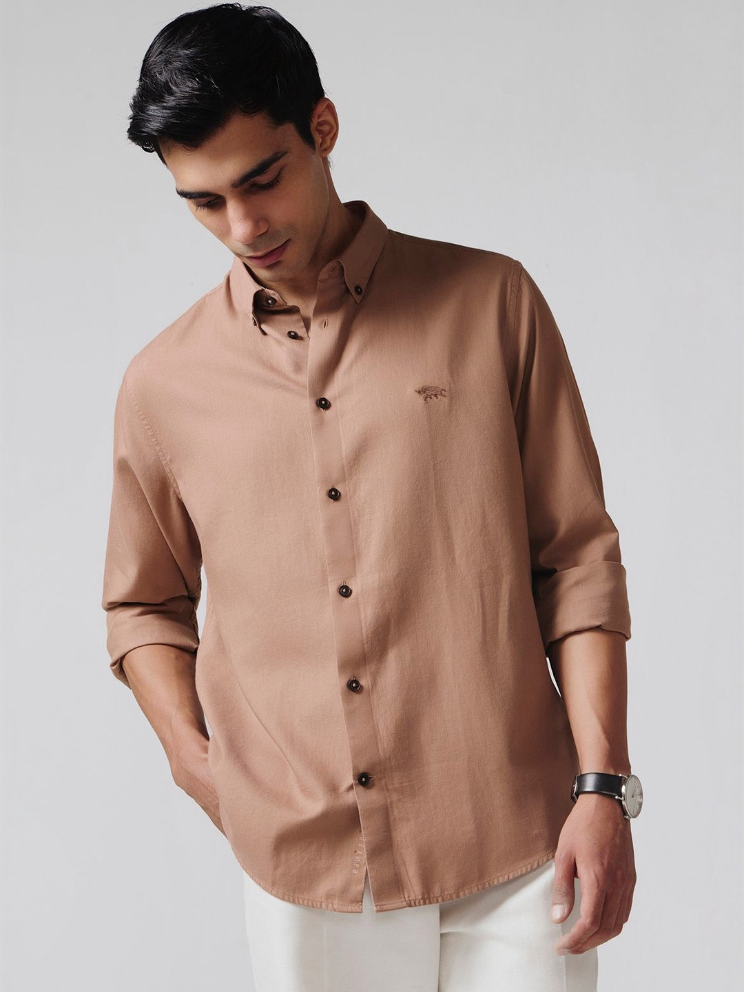 Andamen Men Semi Casual Cotton Solid Embroidered Regular Fit Shirt