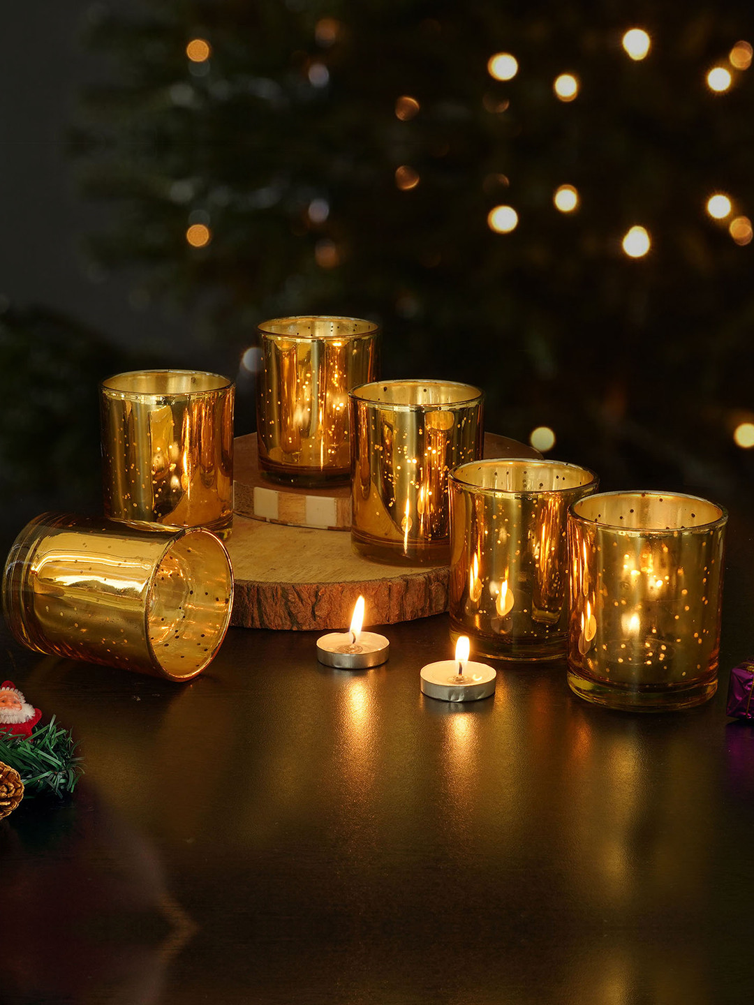 TIED RIBBONS Pack of 6 Gold-Toned Murcury Glass Tealight Candle Holder