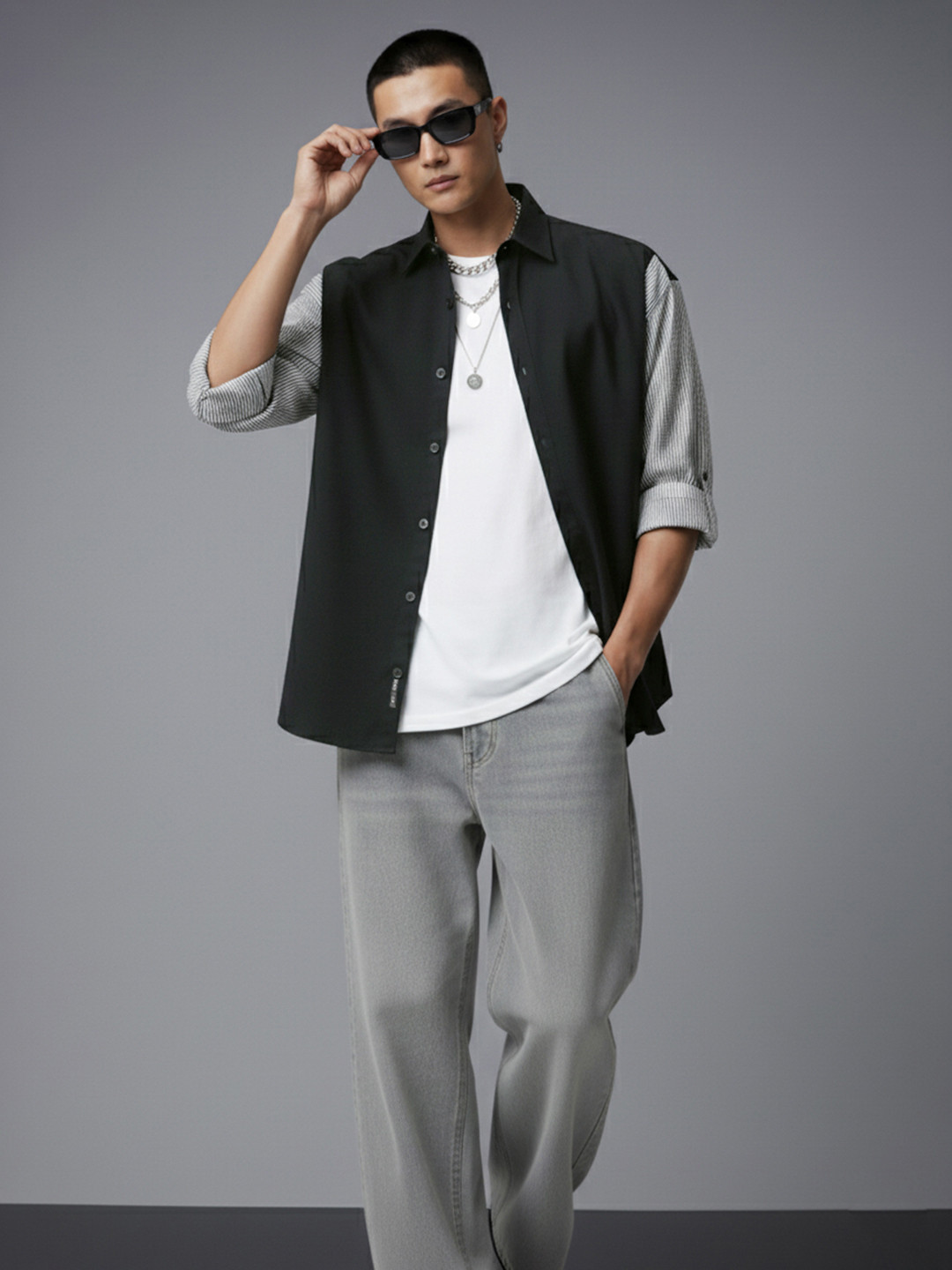 SOKO STREET Roll-Up Sleeves Relaxed Fit Casual Shirt