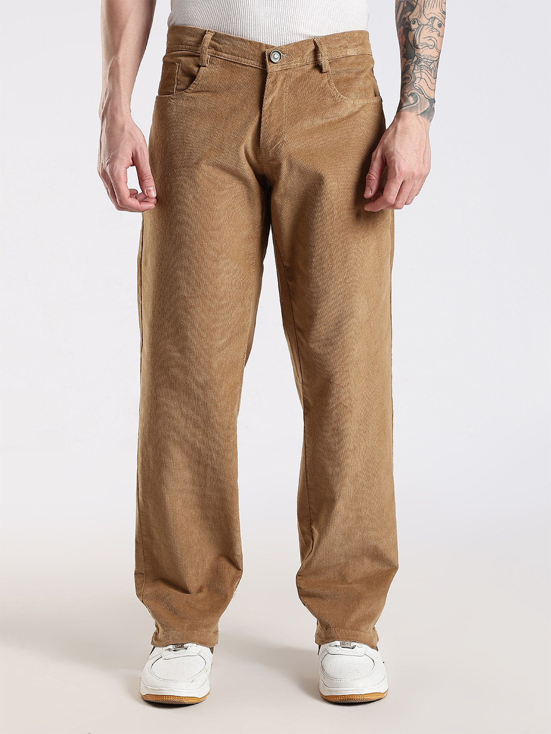 NEVER NEUD Men Relaxed Straight Fit Corduroy Trousers