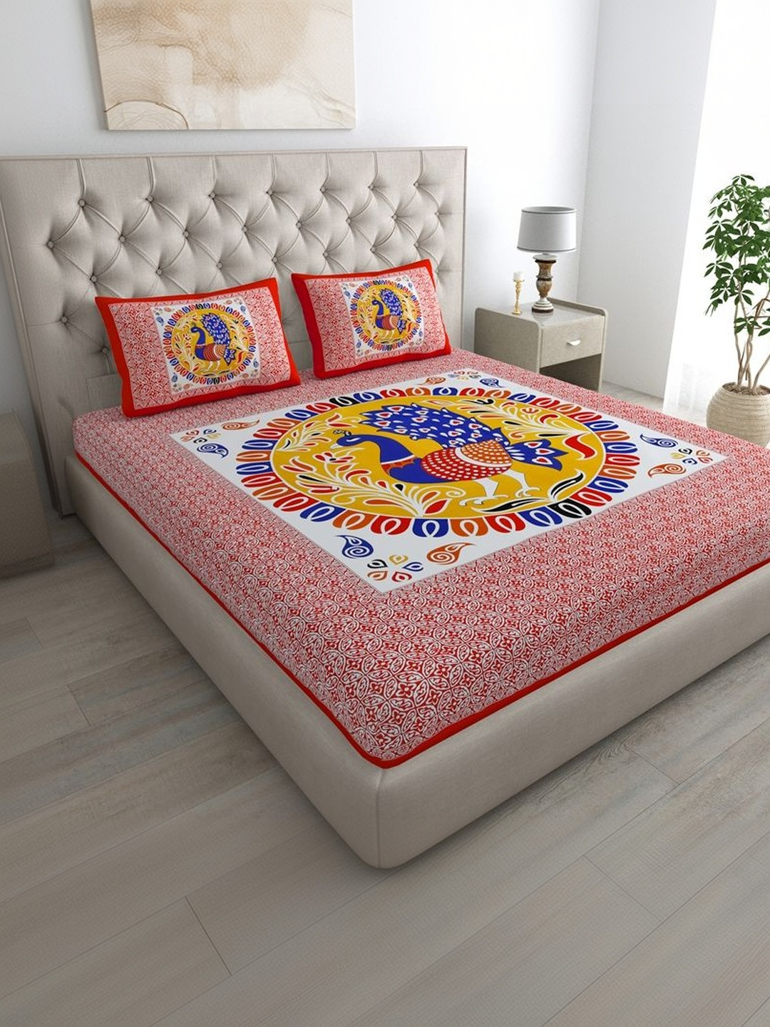 ABHACLOTHO Red & Yellow Ethnic Motifs 144 TC Bedsheet with 2 Pillow Covers