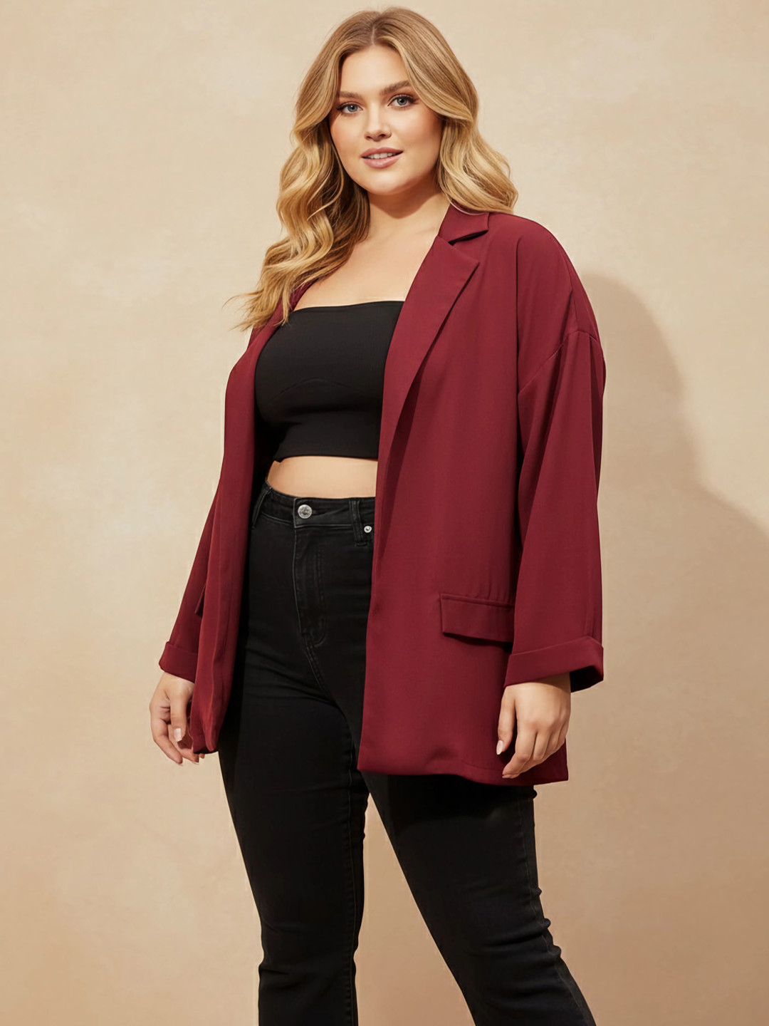 Berrylush Curve Plus Size Notched Lapel Comfort-Fit Single Breasted Blazer