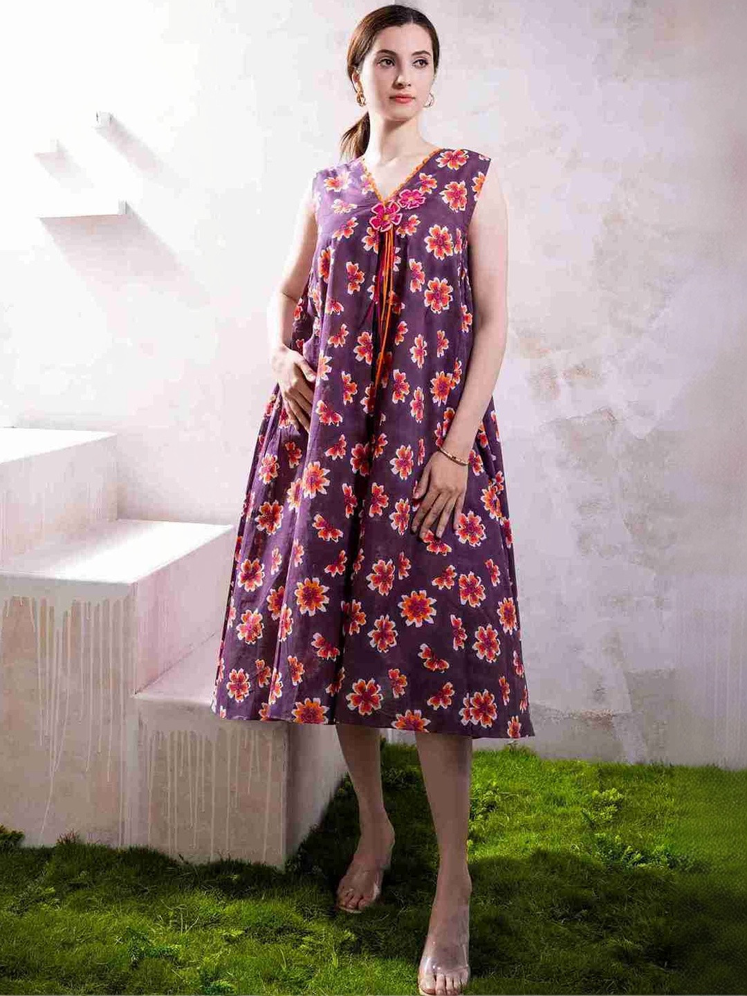 The White Tree Studio Floral Print A-Line Midi Dress