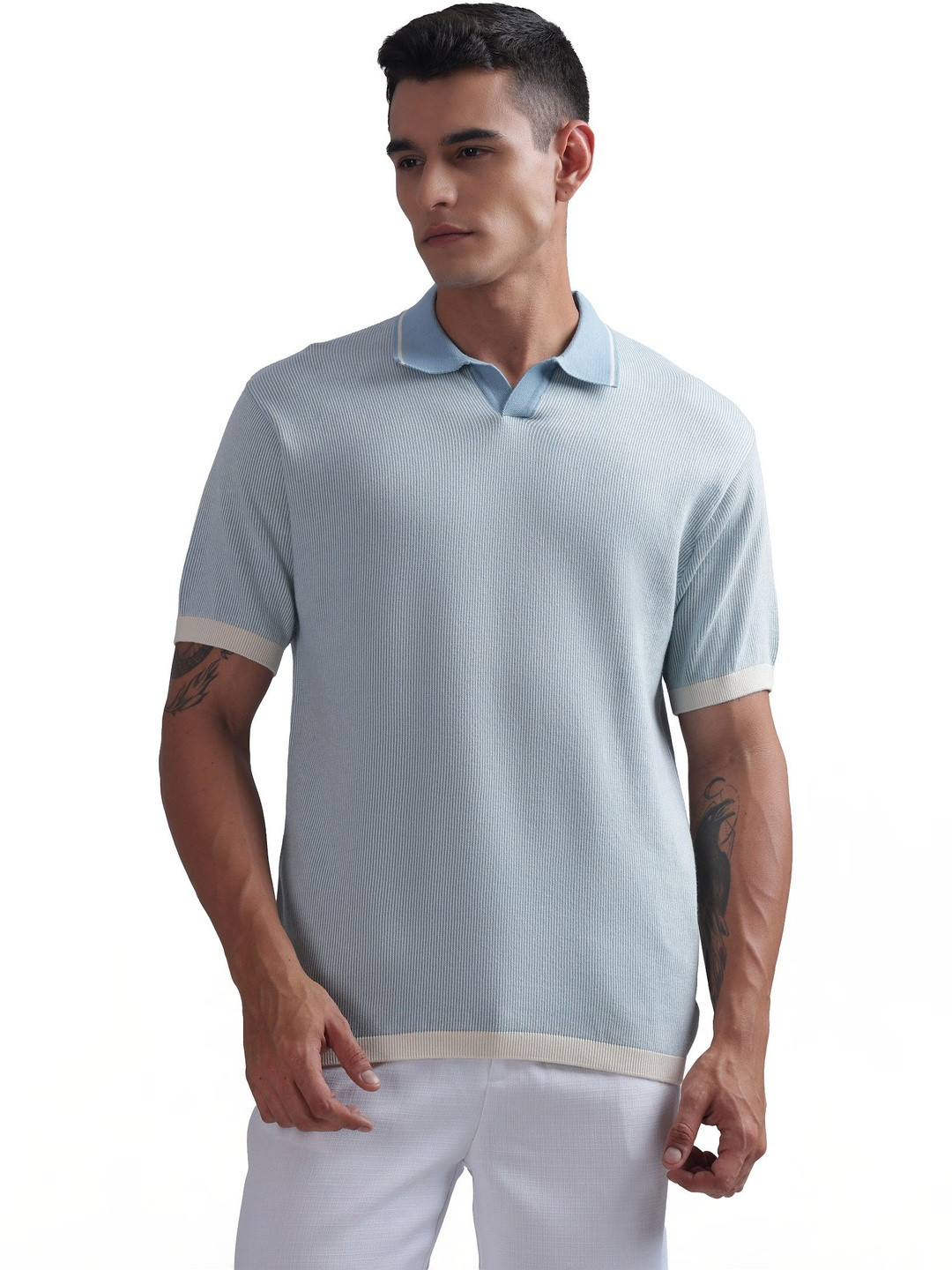 BUSA Men Striped Polo Collar Organic Cotton T-shirt