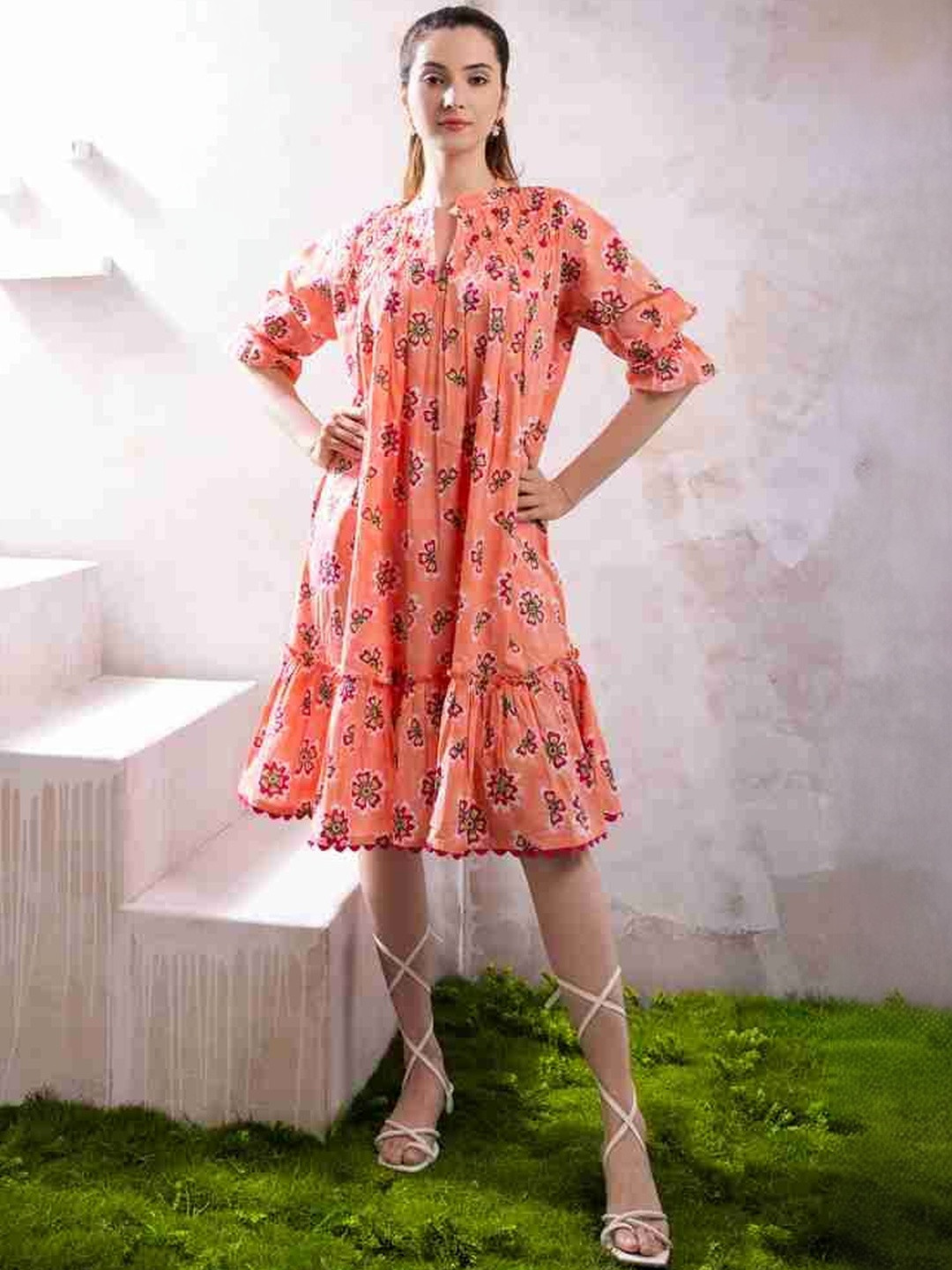 The White Tree Studio Floral Print Flutter Sleeve A-Line Dress