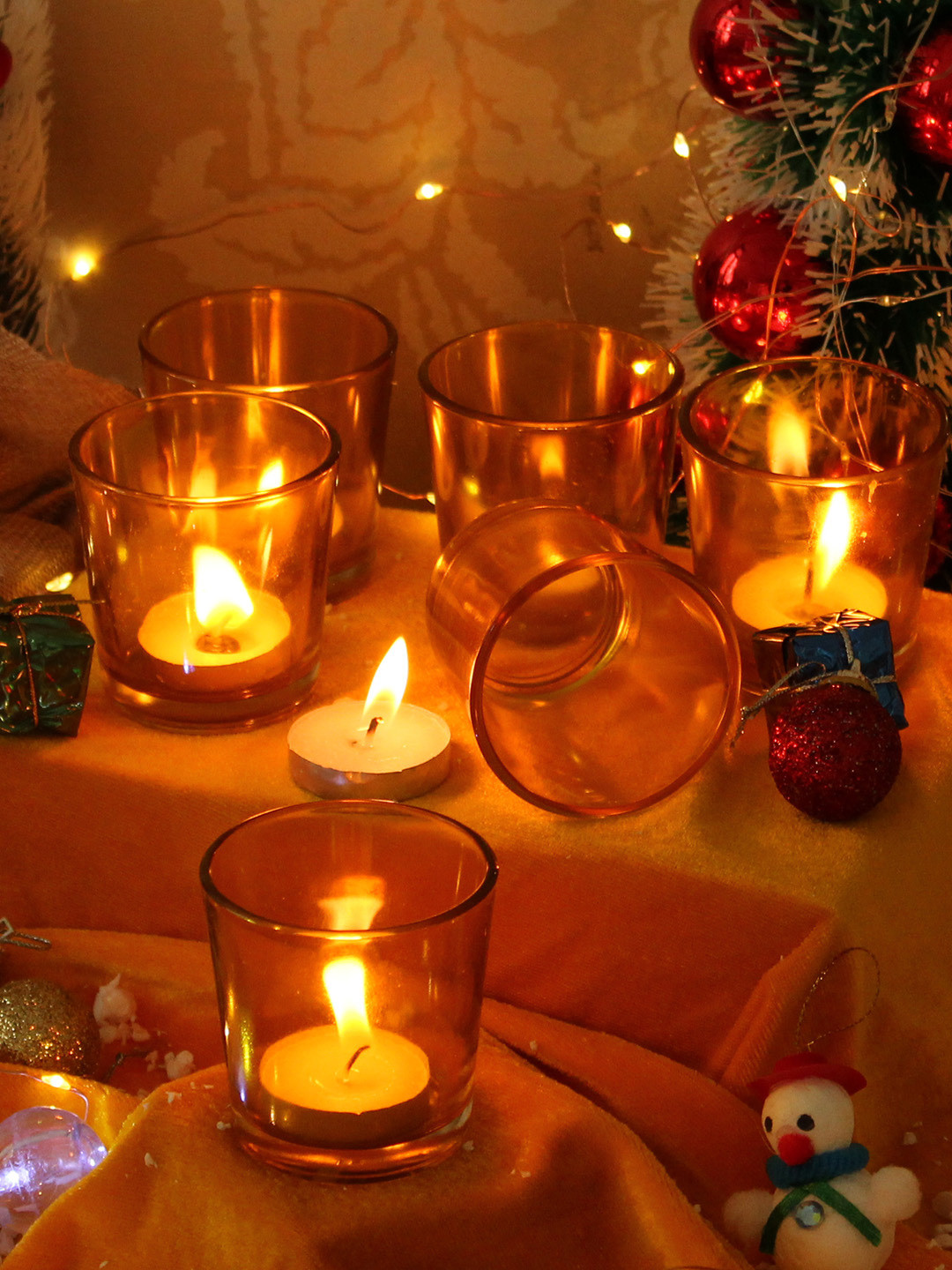 TIED RIBBONS Set of 6 Yellow Glass Tea Light Candle Holders