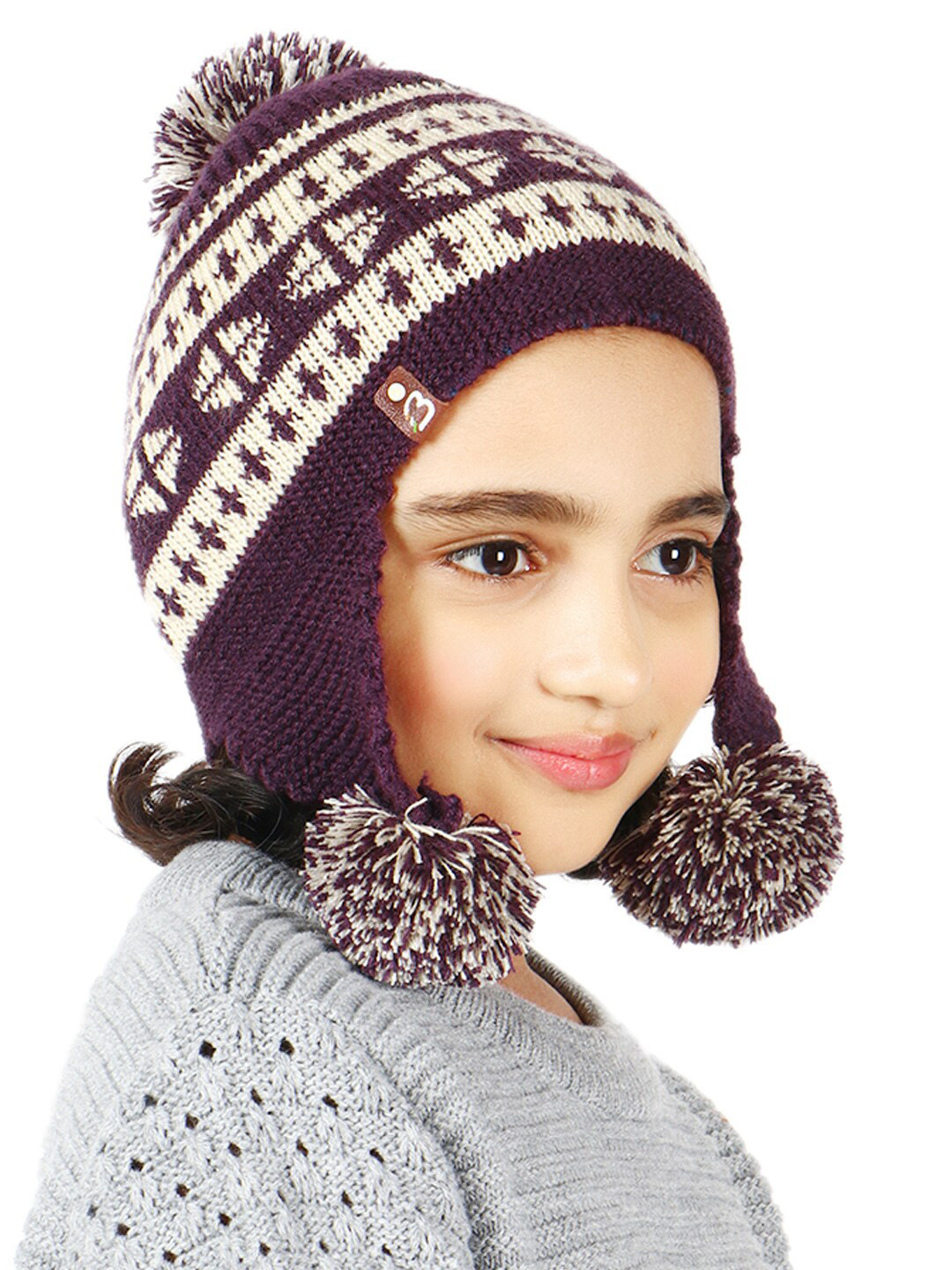 Bharatasya Unisex Kids Purple & Off White Printed Acrylic Beanie Cap