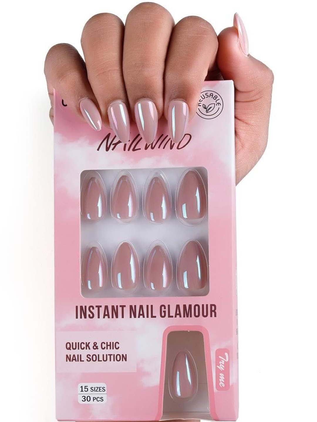 NAILWIND 30-Pcs Reusable Press On Nail- Glassy Nude 04