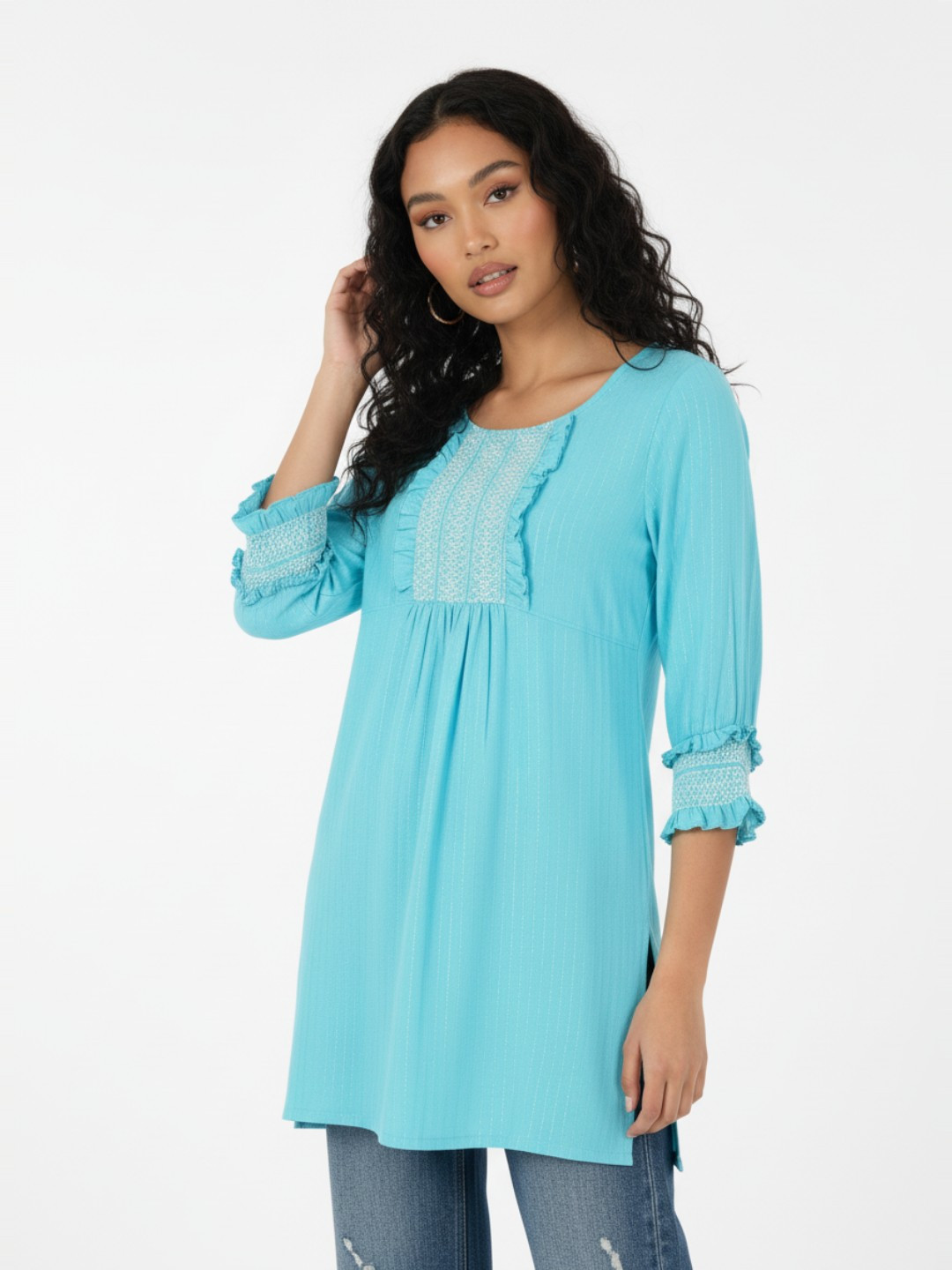 Anouk Rustic Self Striped Puff Sleeves Woven Design Pleated Straight Kurti