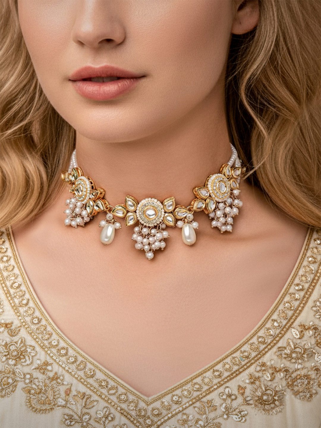 EVERSTYLISH Sanjoya Beautiful Kundan Necklace with Floral Designs & Pearls