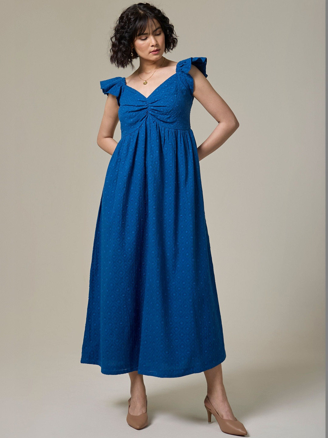 Studio Rabha Flutter Sleeve A-Line Midi Dress