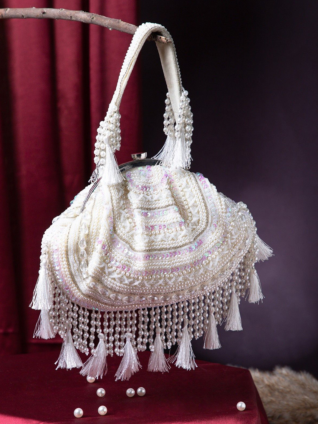 Anekaant Women Embellished Dewdrop Fringe Pearls Tasselled Purse Velvet Clutch