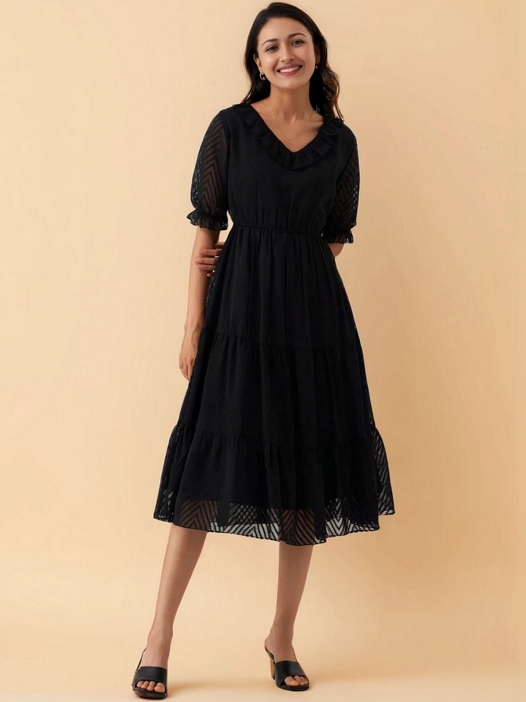 all about you Puff Sleeve Ruffled Crepe A-Line Midi Dress