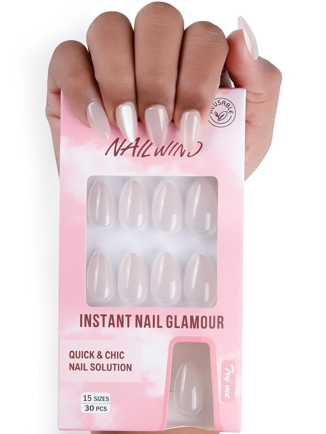 NAILWIND 30-Pcs Reusable Press On Nail- Pearl White 07