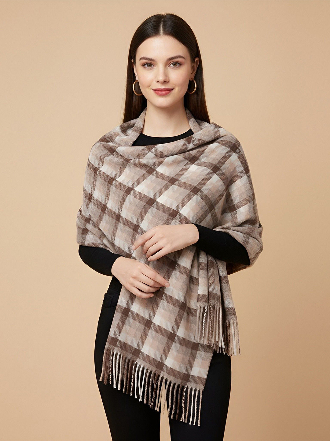 MUFFLY Women Woolen Checked Stole with Soft Texture & Fringe Edges