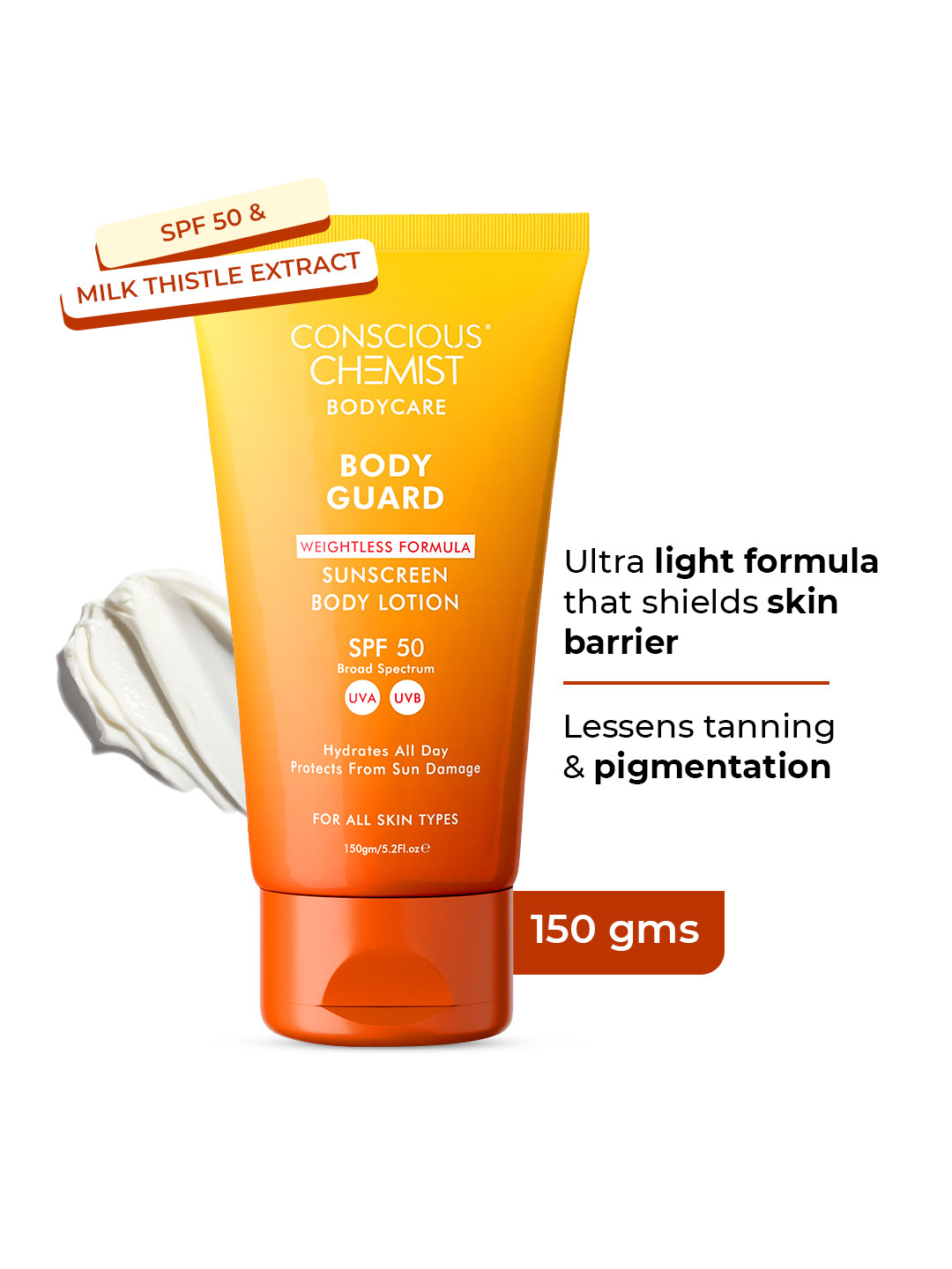 Conscious Chemist Body Guard Sunscreen Body Lotion SPF 50 PA++++ For Sun Protection - 150g