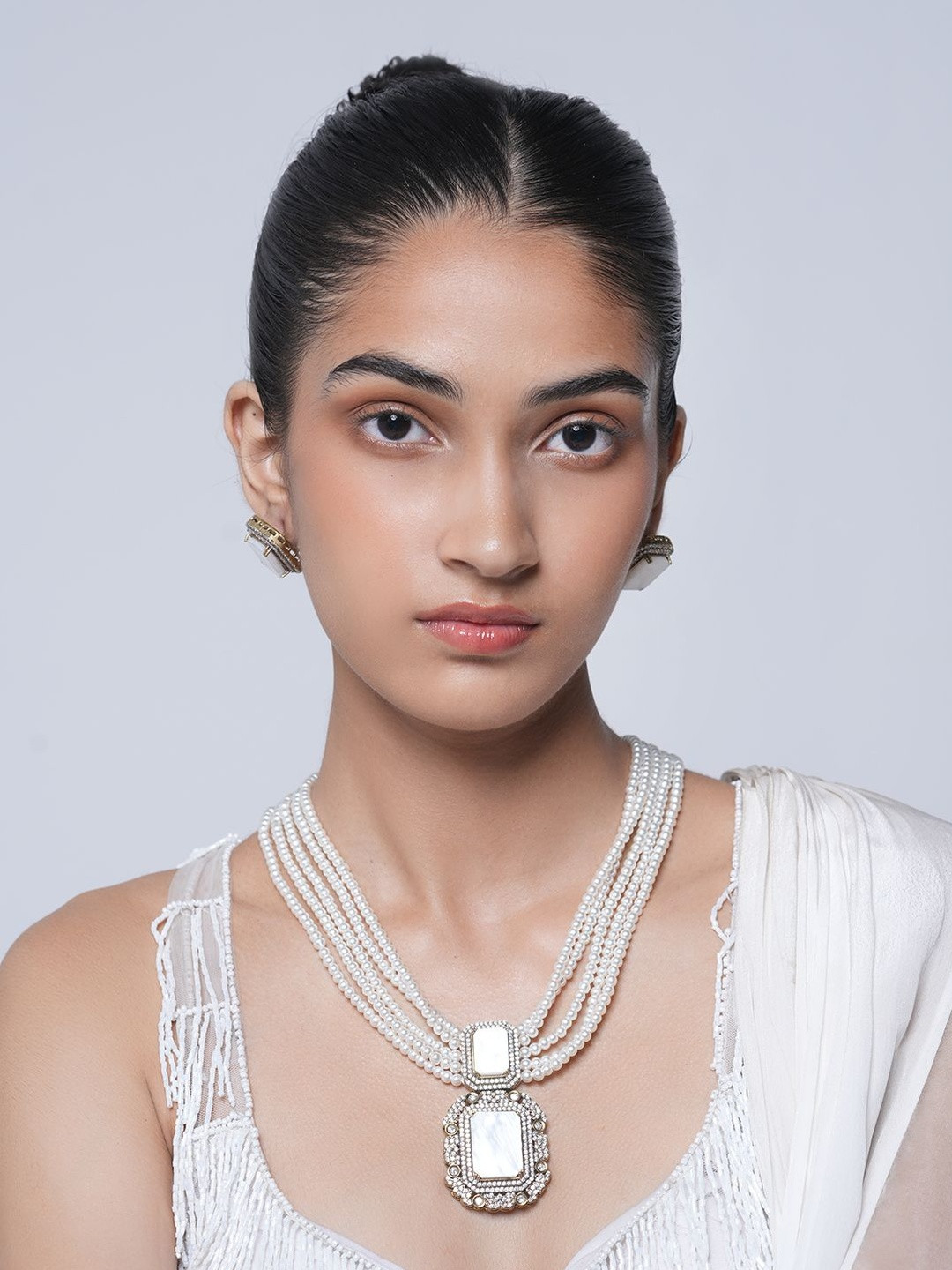 CAO Jewellery Brass Layered Stone Necklace and Earrings Mala Set