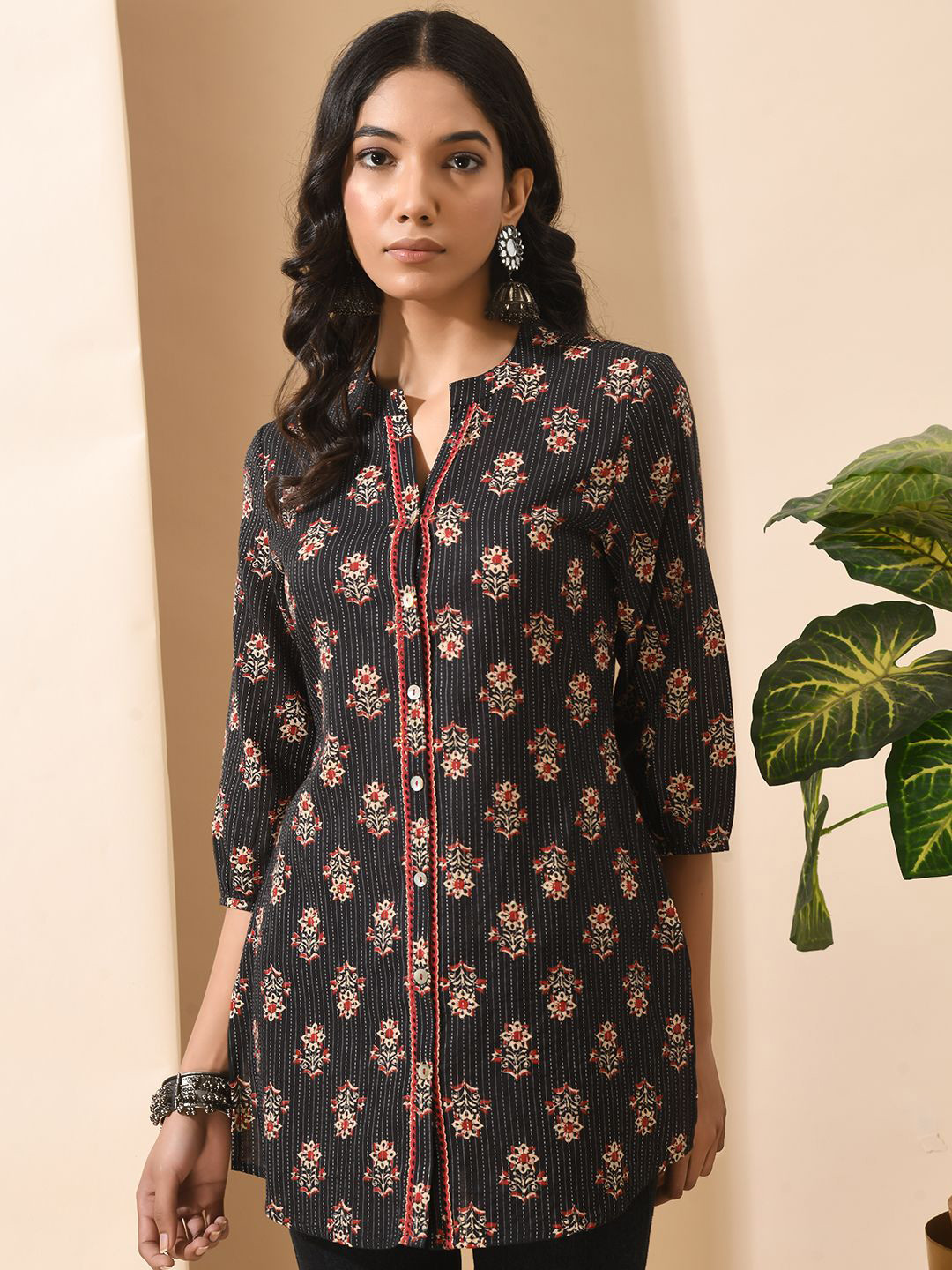 MEESAN Women Ethnic Printed Mandarin Collar Tunic
