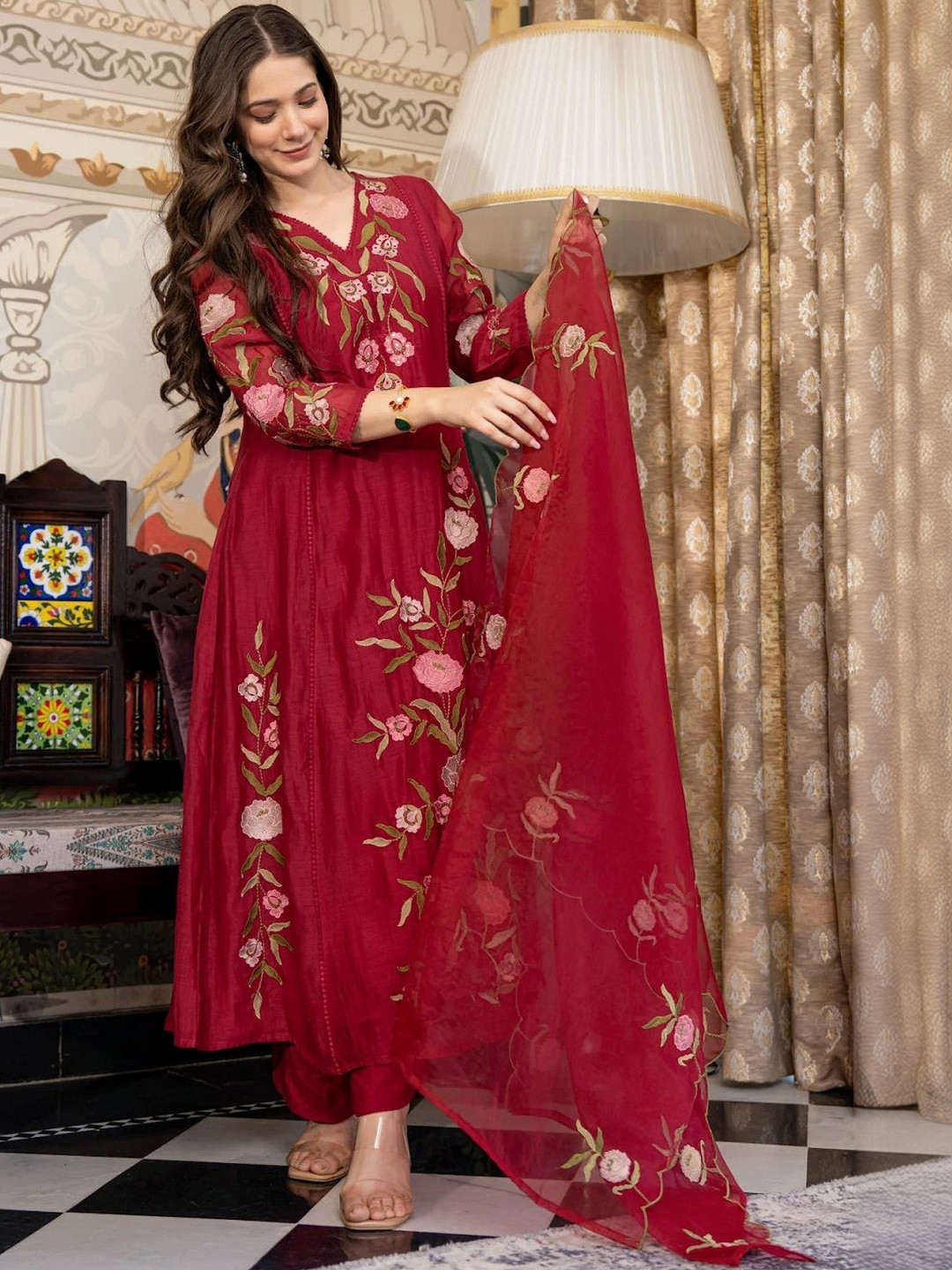 Previah Women Floral Embroidered Panelled Thread Work Chanderi Cotton Kurta with Trousers & With Dupatta