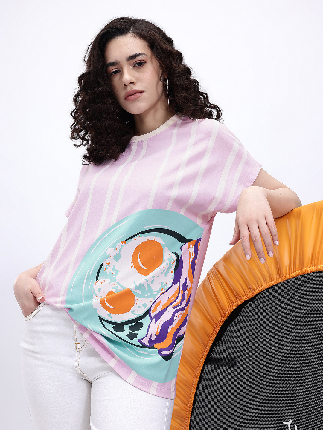 Kook N Keech Striped Printed Extended Sleeves Pure Cotton Oversized T-shirt