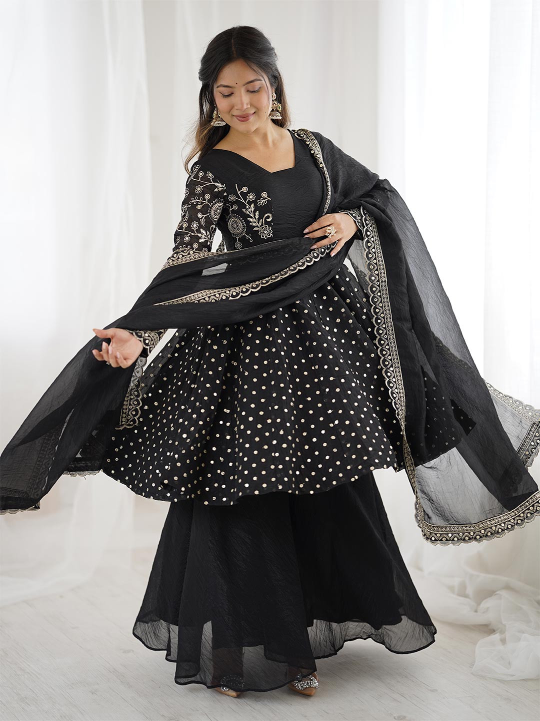 MAHI CREATION Women Ethnic Motifs Embroidered Panelled Sequinned Pure Silk Kurta with Sharara & With Dupatta