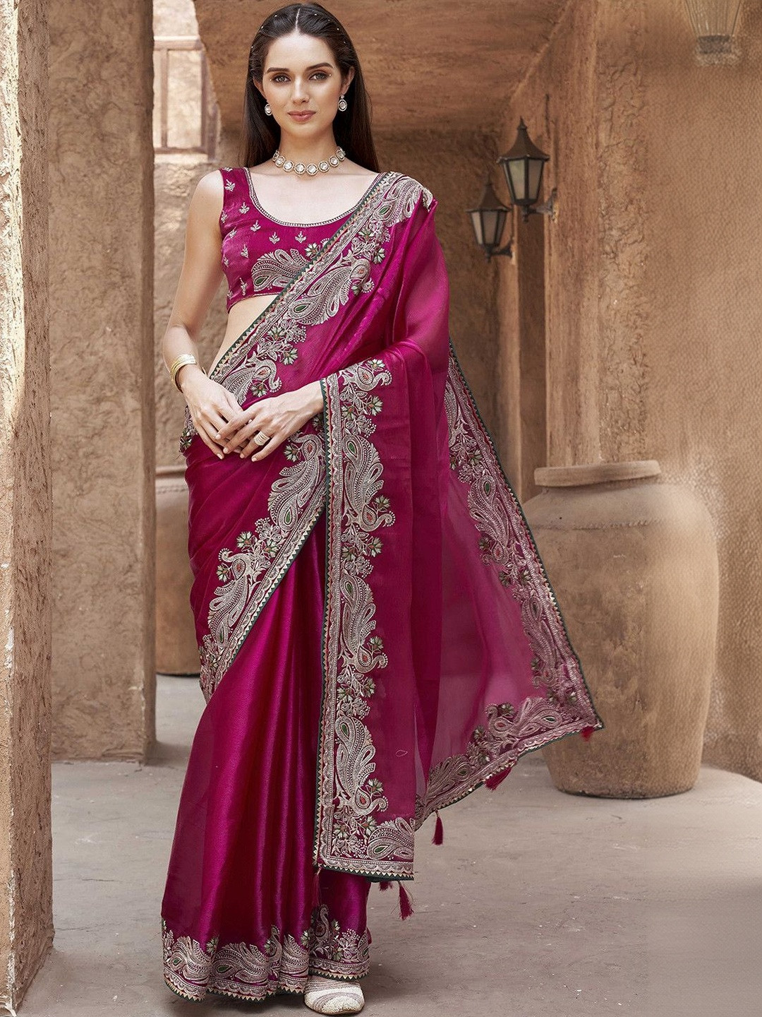 Hippon Kurti Ethnic Motifs Embroidered Pure Chiffon Heavy Work Saree