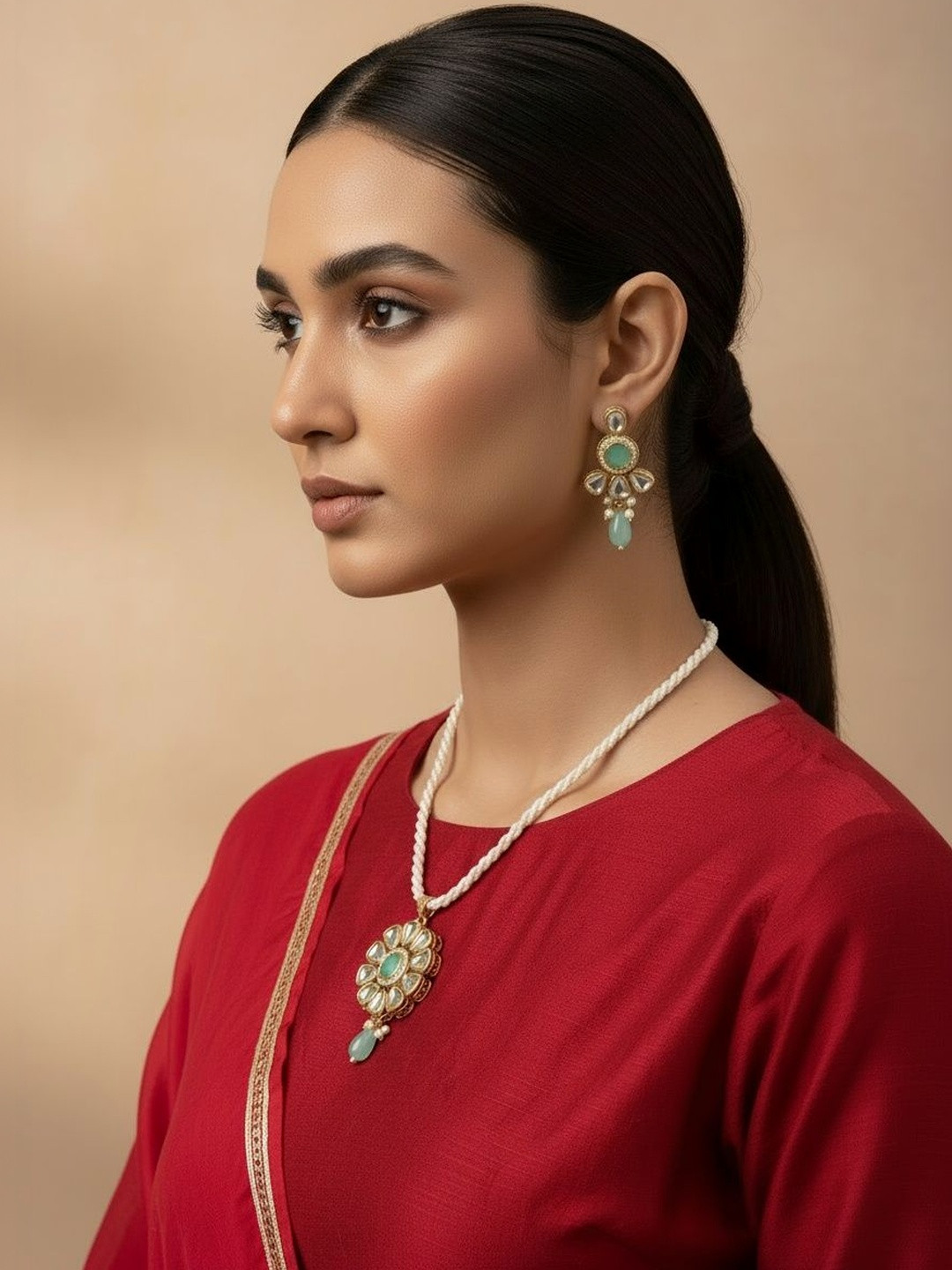 NVR Women Green Stones with Kundan Studded Long Jewellery Set