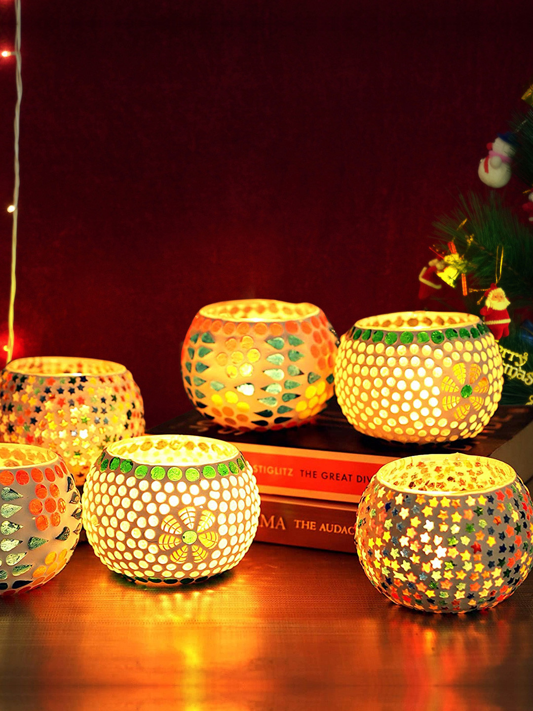 TIED RIBBONS Set of 6 White Mosaic Glass Tea Light Candle Holders