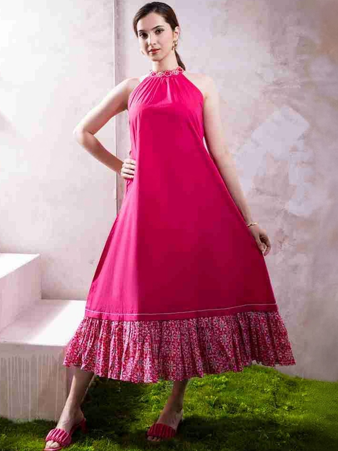 The White Tree Studio Floral Colourblocked Halter Neck Ruffled A-Line Midi Dress