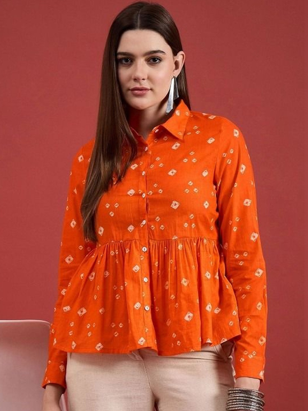 MF ERA Women Geometric Printed Shirt Collar Cotton Peplum Top