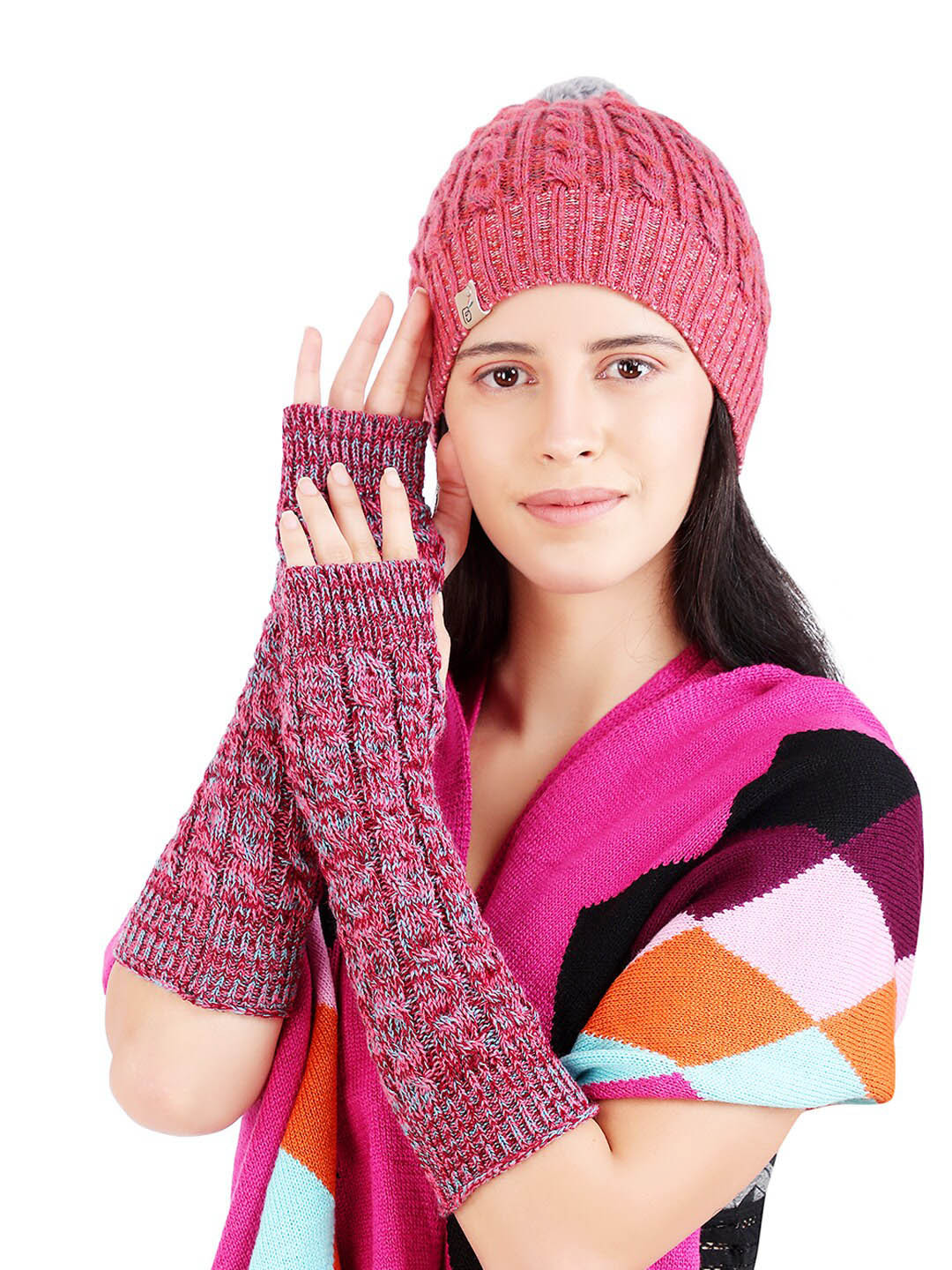 Bharatasya Women Pink Knitted Long Mittens Winter Hand Gloves
