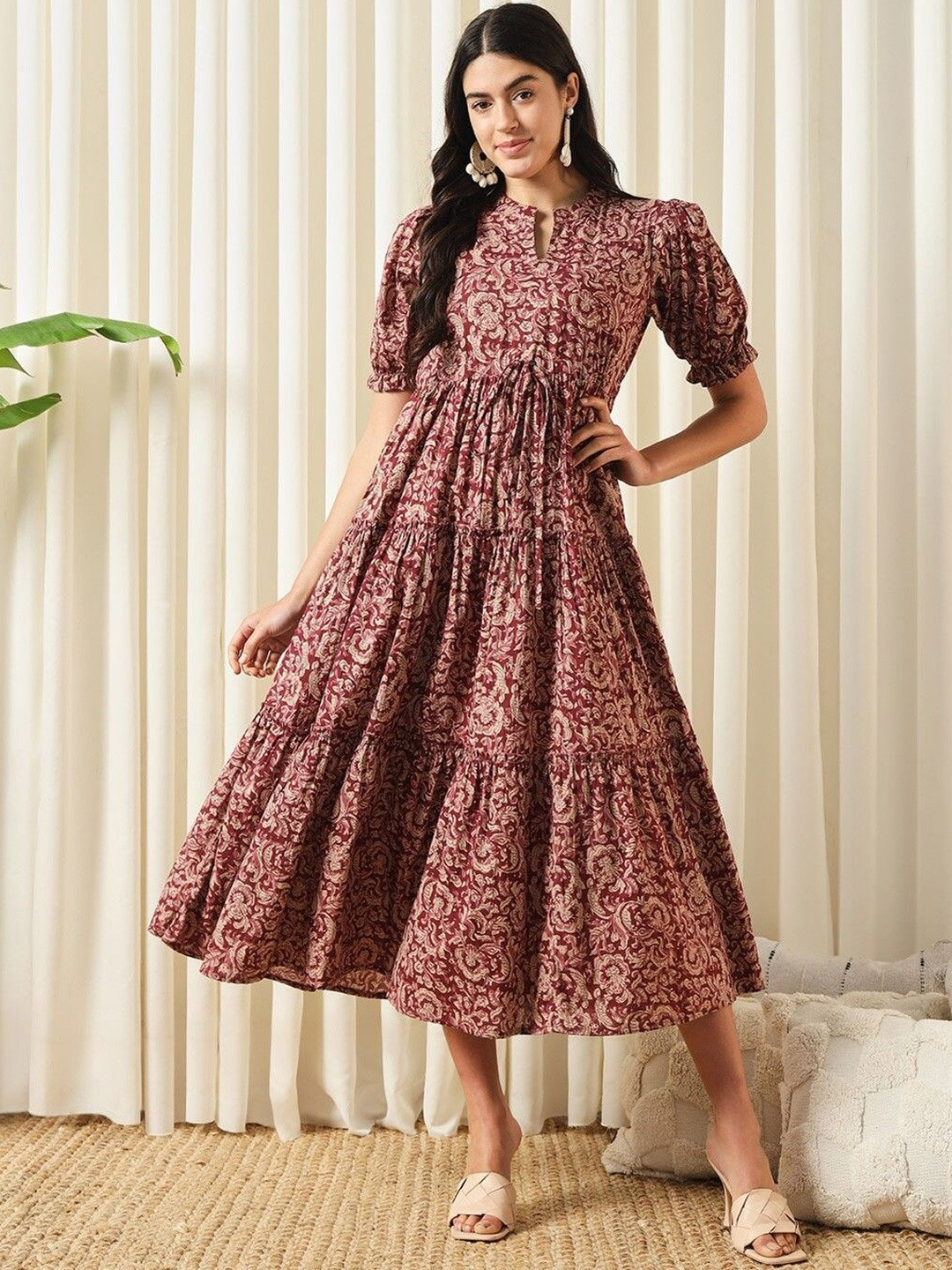 OTABU Print Puff Sleeve A-Line Midi Dress