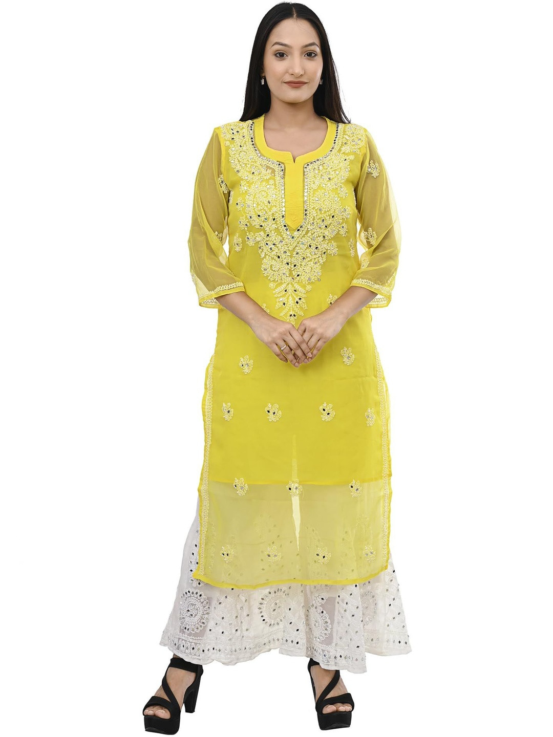 MRS RIGHT Women Ethnic Motifs Embroidered Flared Sleeves Gotta Patti Georgette Kurta