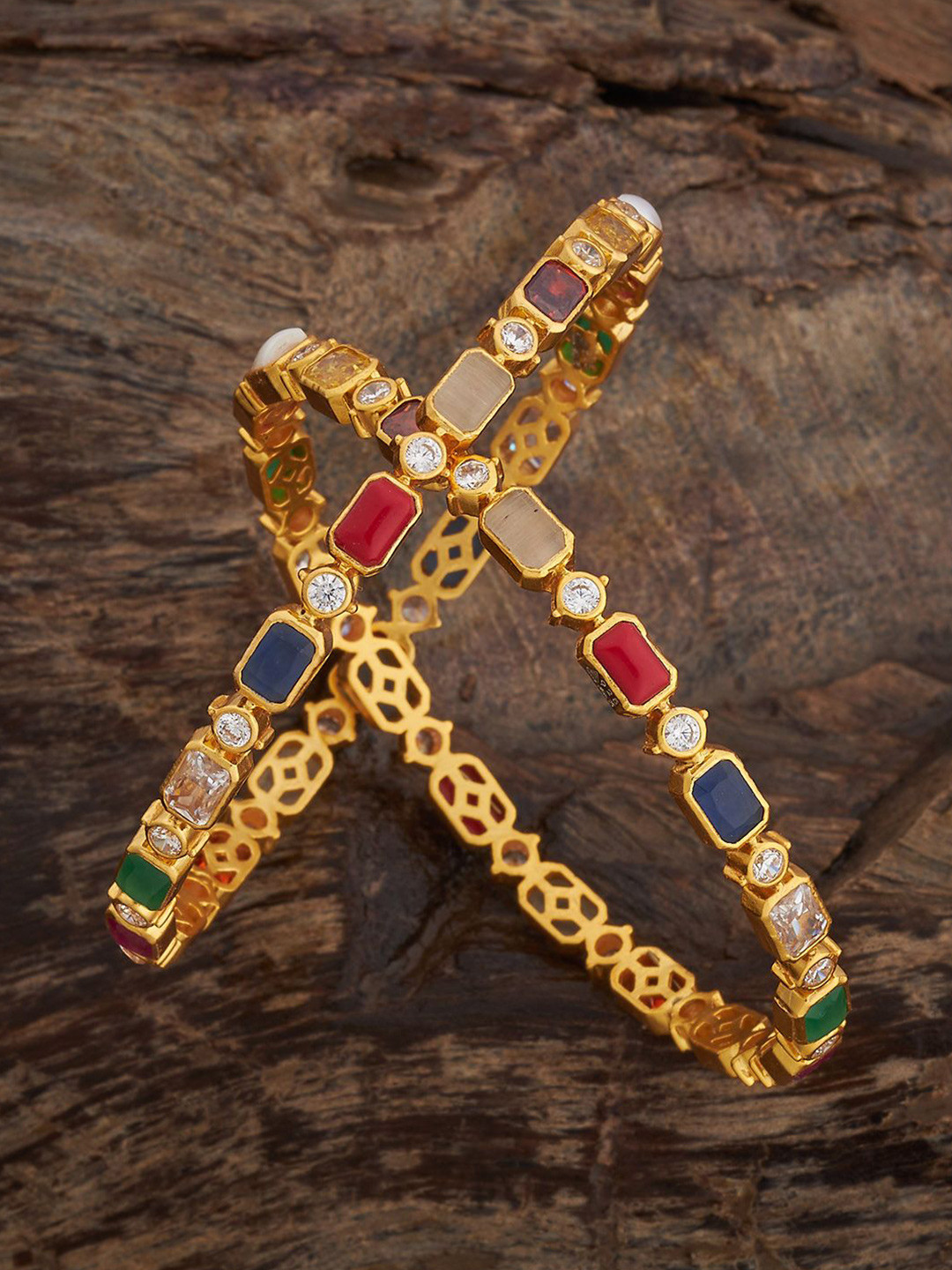 Kushal's Fashion Jewellery Embellished Bridal Set Of 2 92.5 Gold-Plated Navaratna Bangles