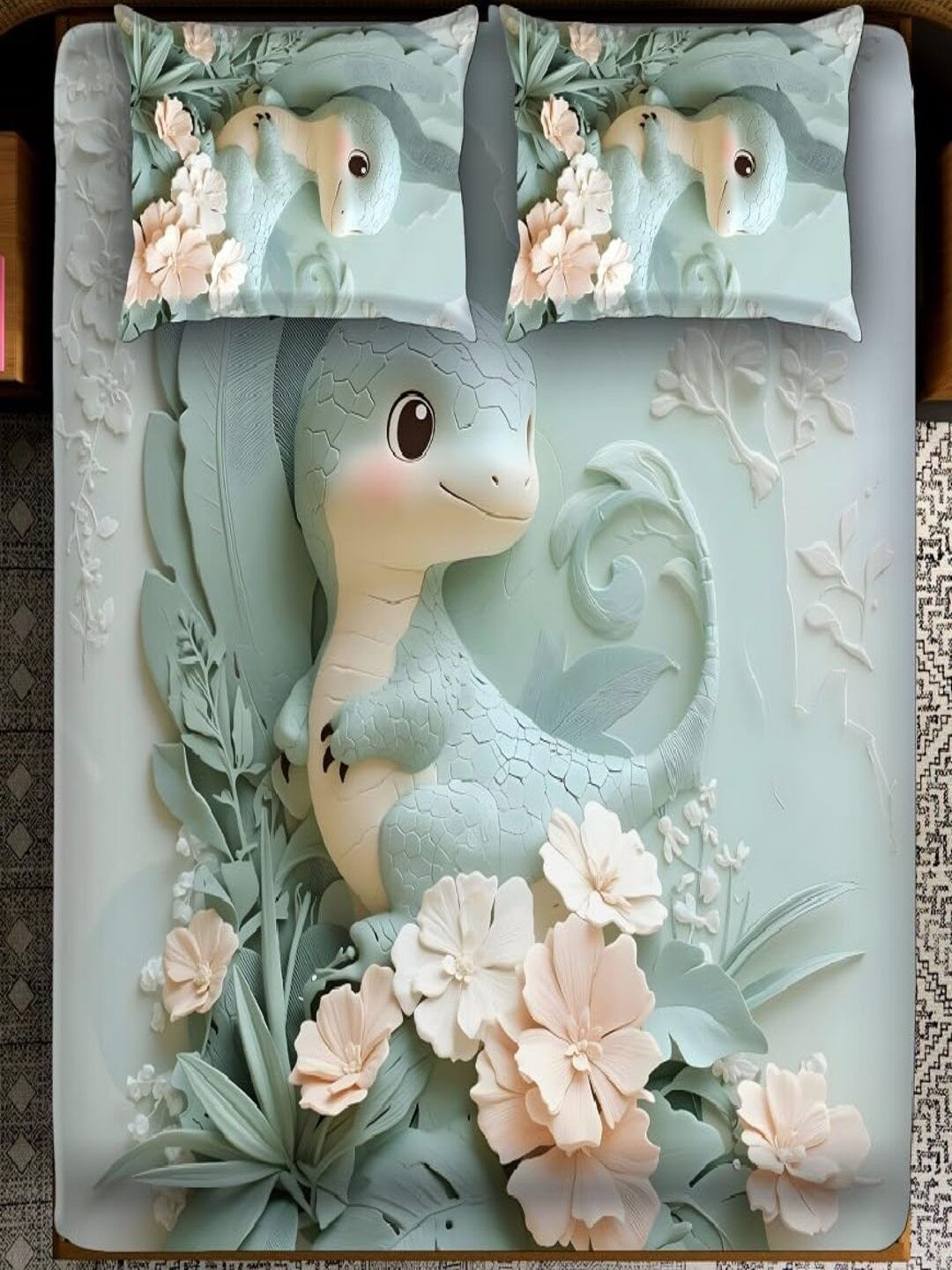 MAA HOME CONCEPT Green Cartoon Characters 400 TC Queen Bedsheet with 2 Pillow Covers