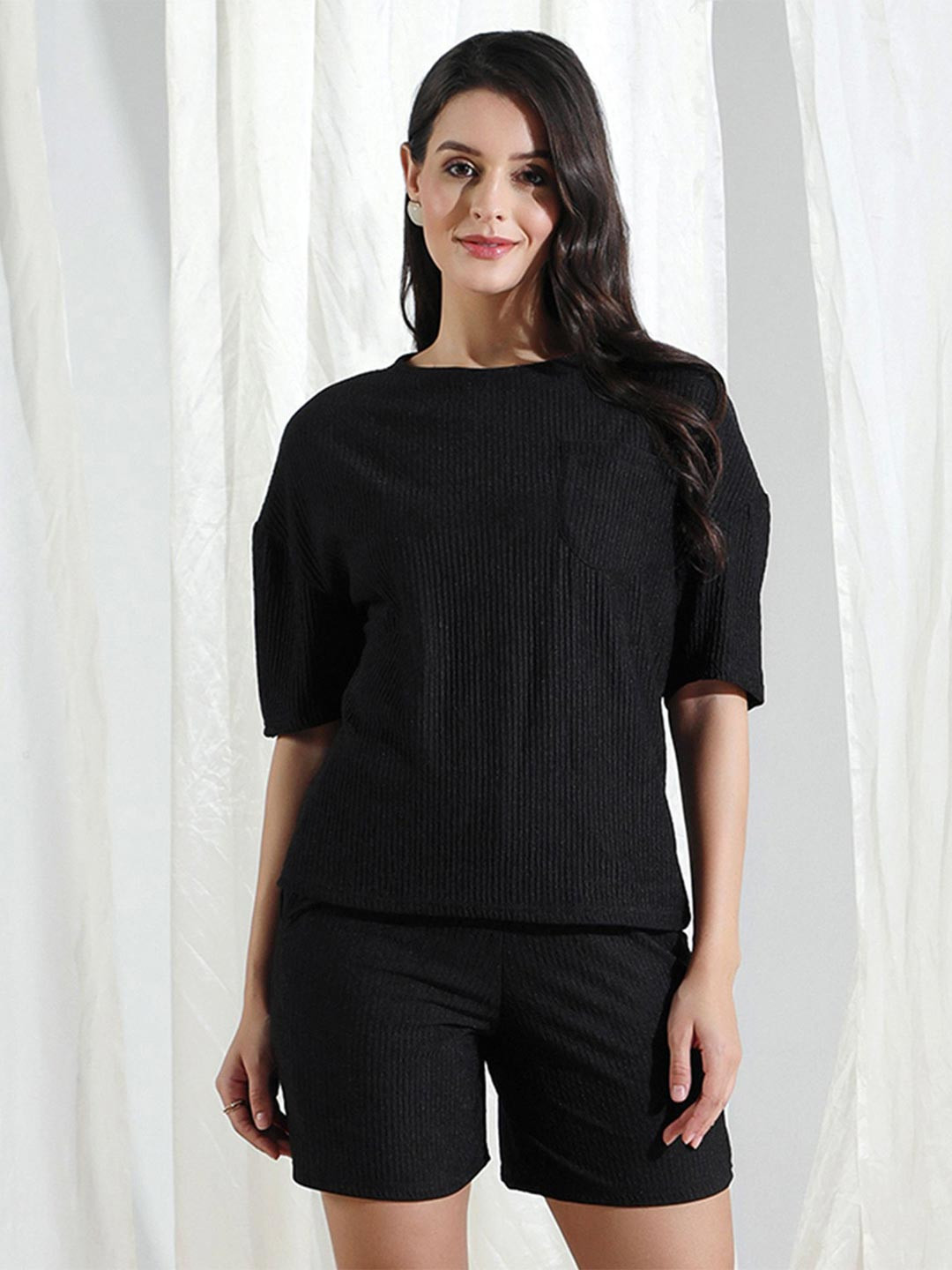 SZN Women Solid Black with T-shirt and Shorts Co-ord set