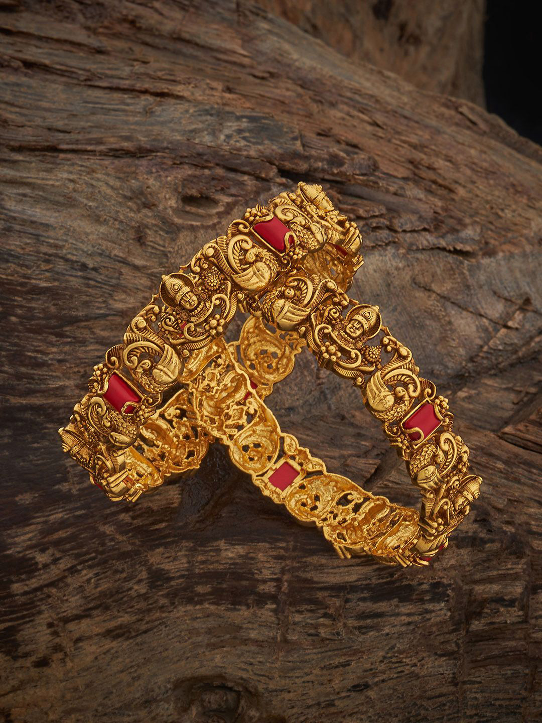 Kushal's Fashion Jewellery Set Of 2 Gold-Plated Coral Ethnic Antique Bangles