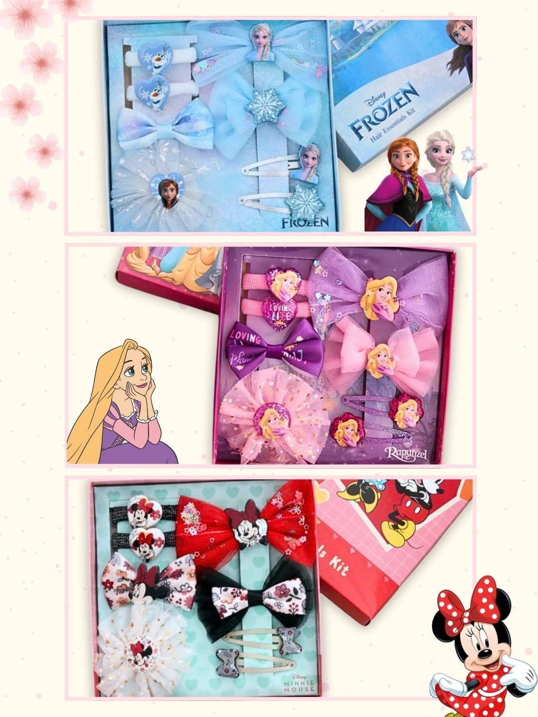 Disney By Yellow Bee Girls Minnie, Rapunzel & Elsa Hair Accessory Set