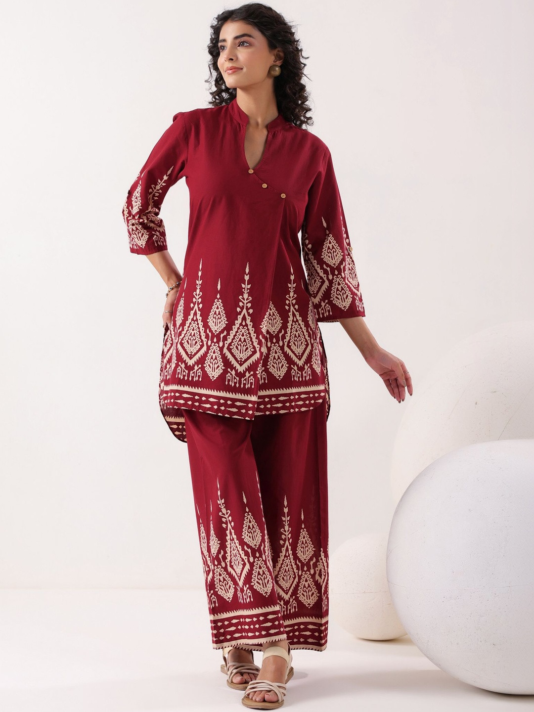 Kirrin Printed Cotton Mandarin Collar Neck Tunic With Trousers Co-Ords