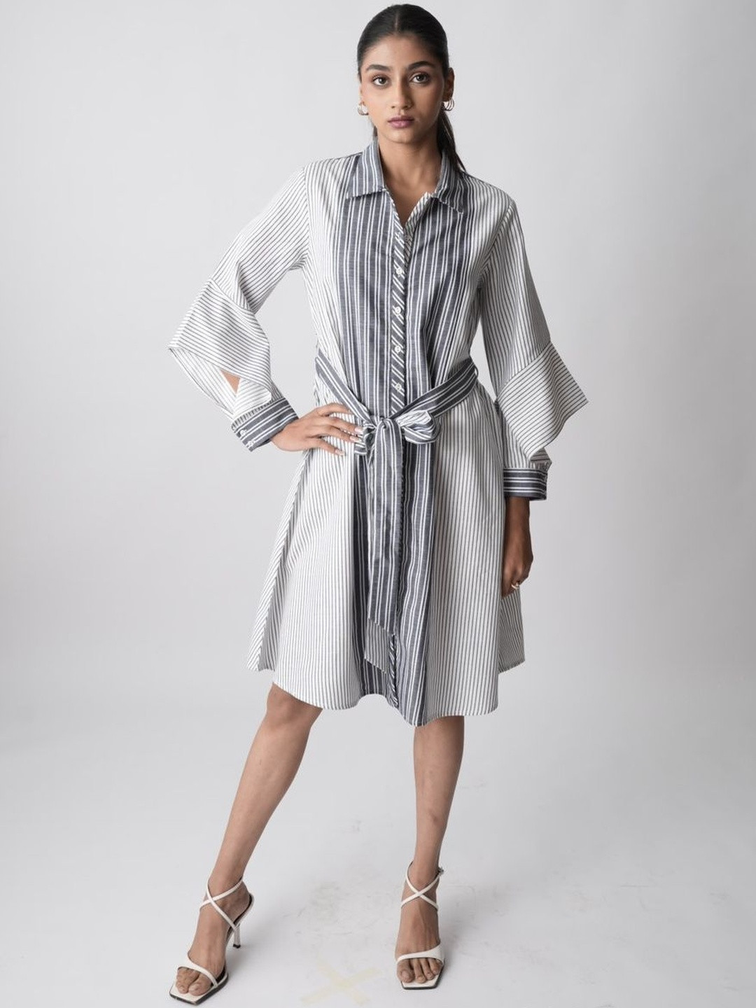 Truly Sma Striped Bell Sleeve Shirt Dress