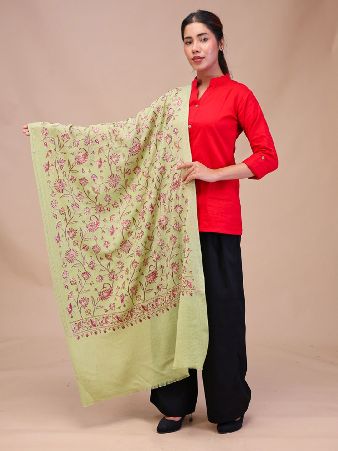 Moda Rapido Women Embroidered Woollen Scarf with Frayed Border