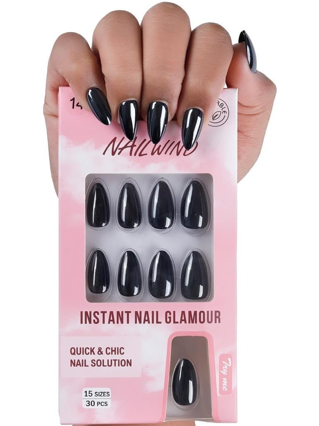 NAILWIND 30-Pcs Reusable Press On Nail- Black 14