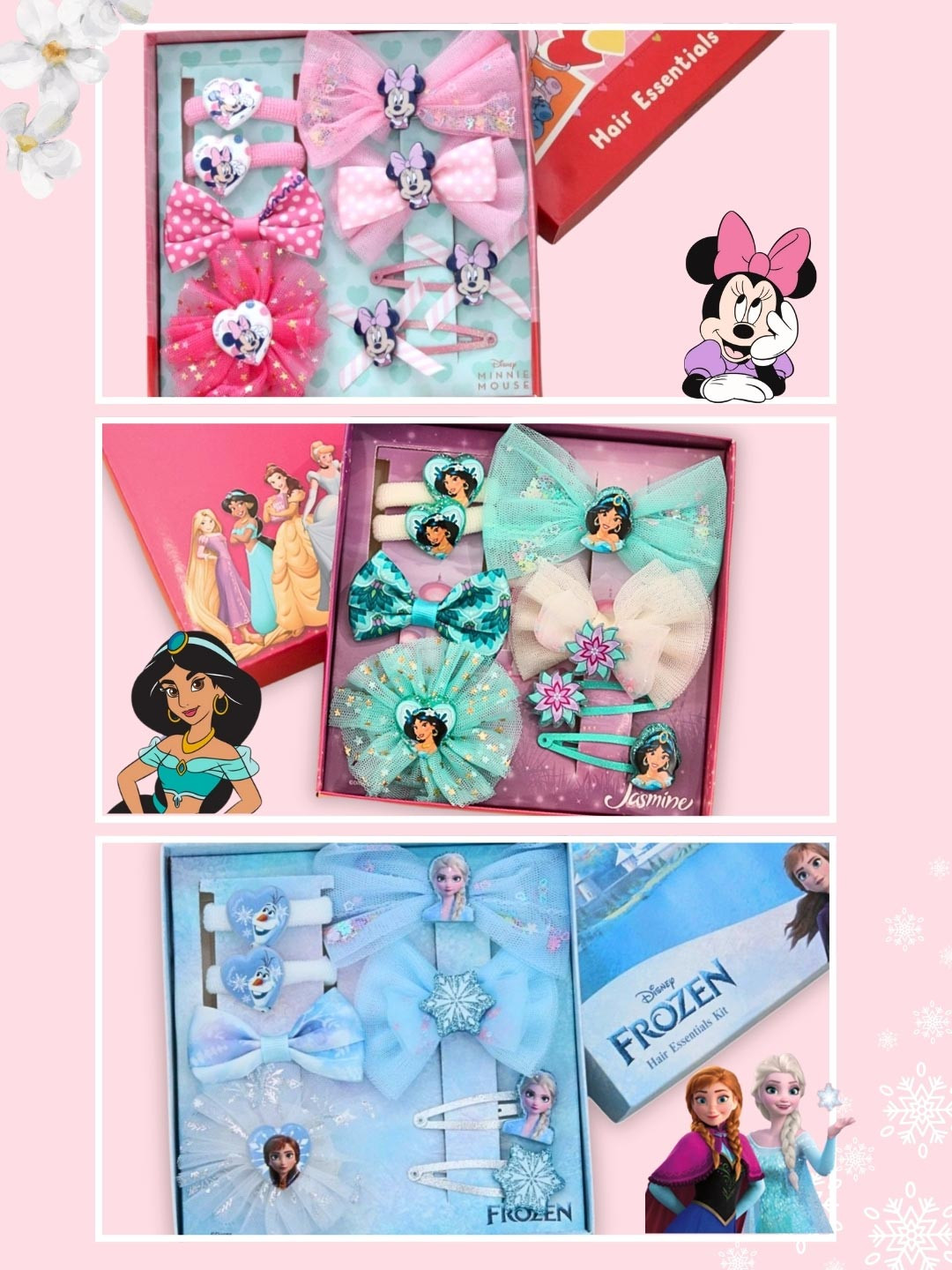 Disney By Yellow Bee Girls Minnie, Elsa & Princess Jasmine Hair Accessory Set